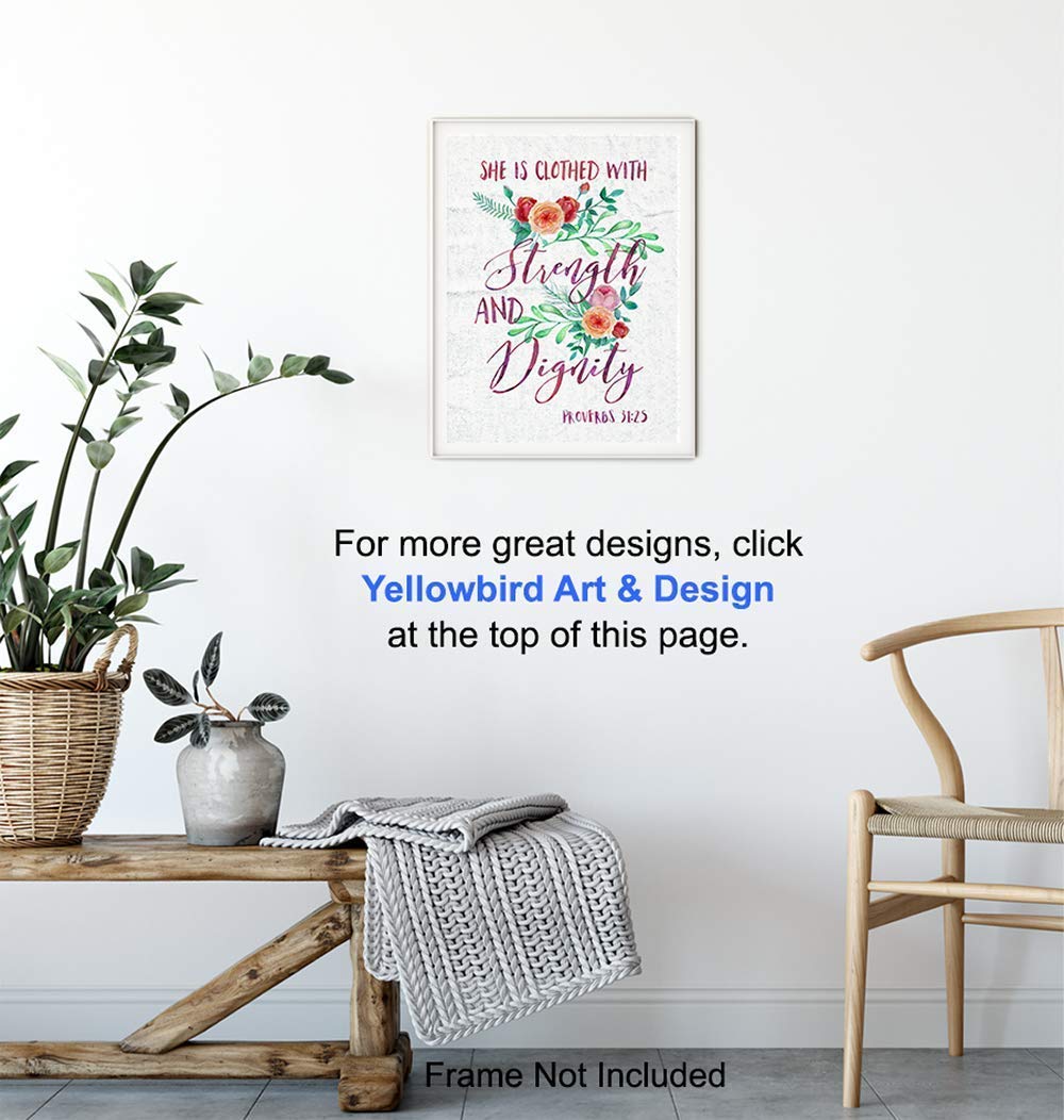 Christian Wall Decor - Proverbs 31 Bible Verse Art - She is Clothed With Strength and Dignity Scripture Print - Inspirational Religious Gift for Women & Girls - Faith-Based Home Decor for Bedroom, Living Room, Church