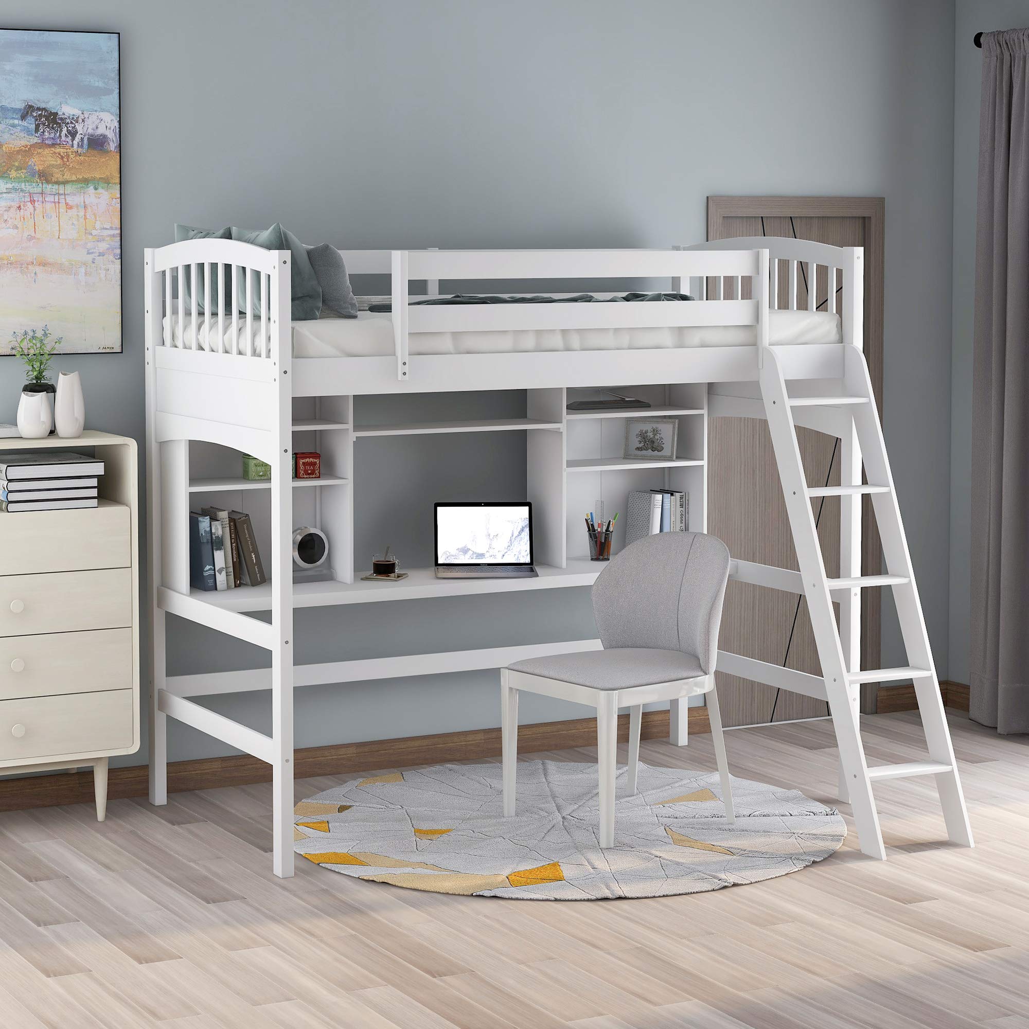 **Purlove Solid Wood Twin Loft Bed with Built-in Desk & Bookshelf - Space-Saving Storage Solution, No Box Spring Required, Reversible Ladder (White) - Perfect for Kids' Rooms, Dormitories & Small Apartments**