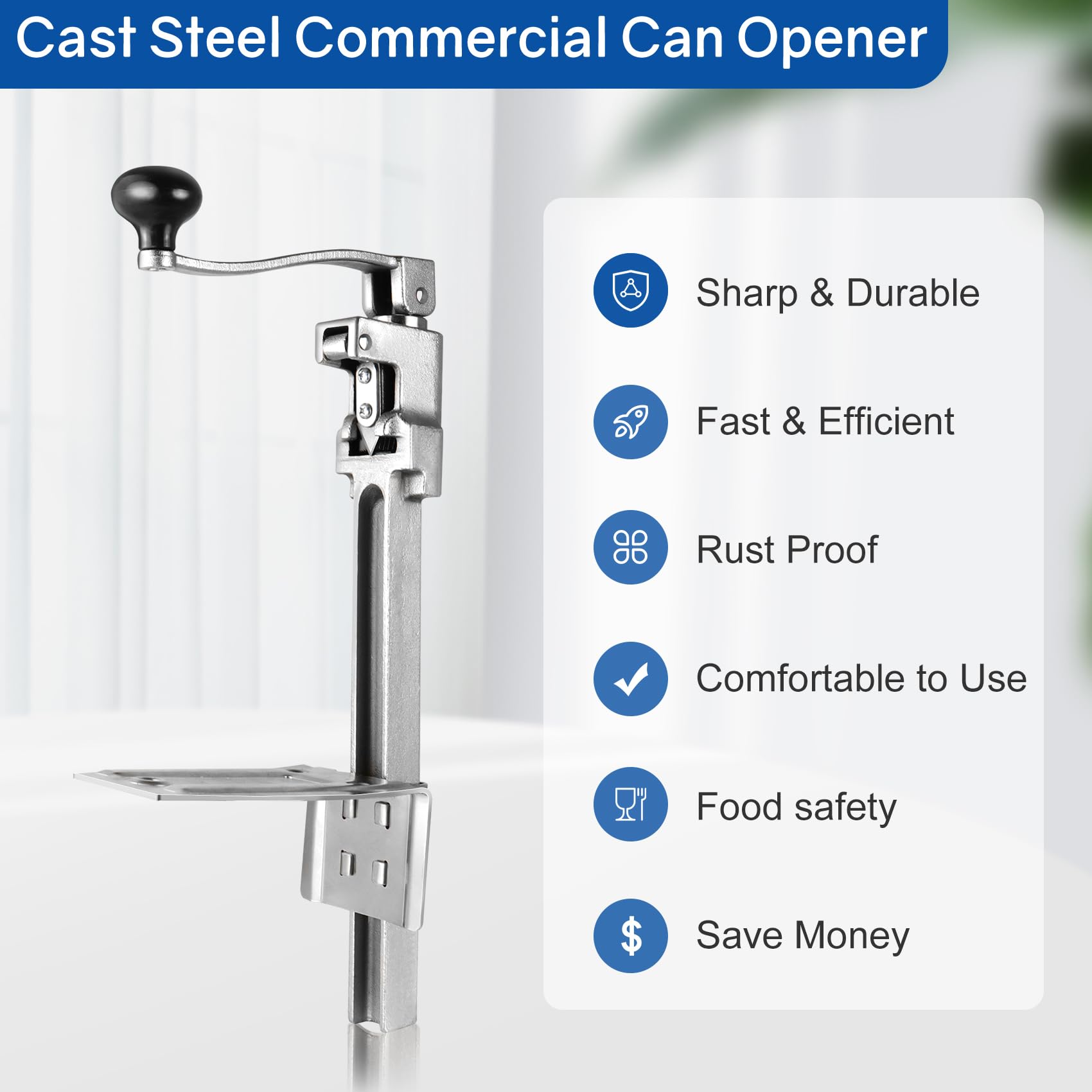 Heavy Duty Commercial Can Opener - Industrial Manual Can Opener for 10 Cans, Stainless Steel Blade & Plated Steel Base - Fits Cans Up to 11