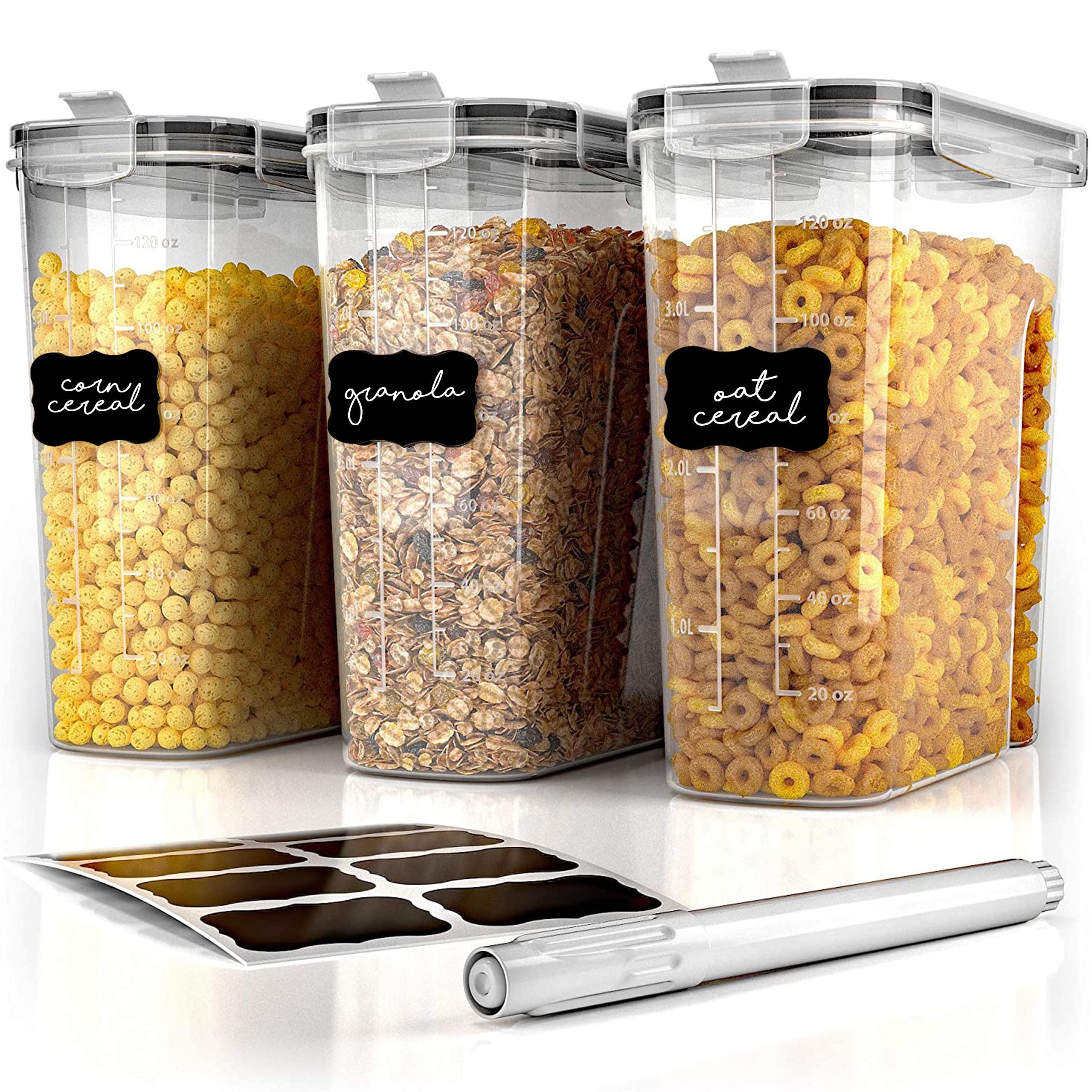 Simply Gourmet Cereal Storage Containers Set - 3 Airtight Food Canisters with Lids for Kitchen Pantry Organization | Perfect for Cereal, Flour, Sugar, Pasta & Dry Food Storage