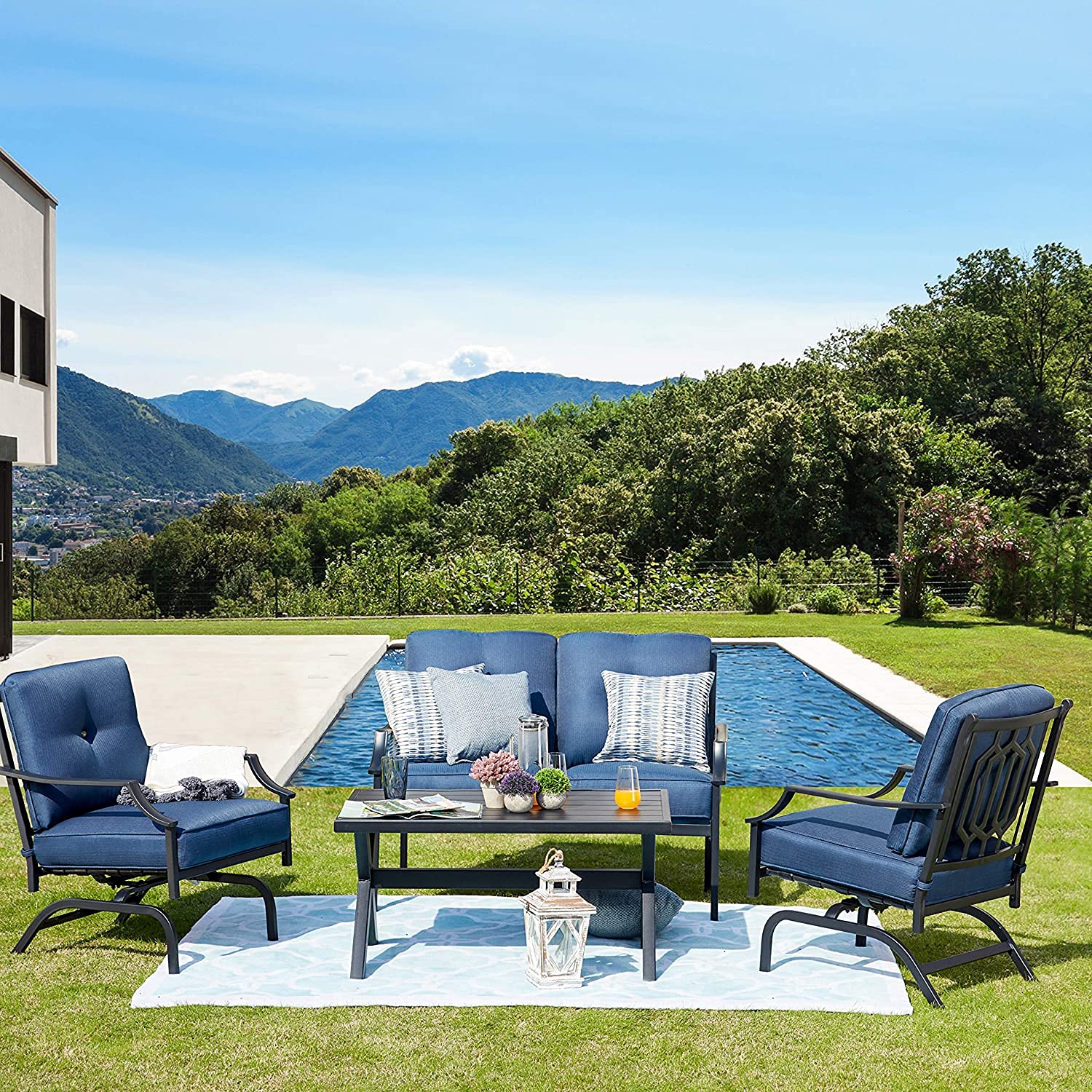 4-Piece Outdoor Patio Furniture Set - All-Weather Cushioned Metal Chairs, Love Seat & Coffee Table - Blue Conversation Set for Poolside, Lawn, Garden & Backyard Relaxation