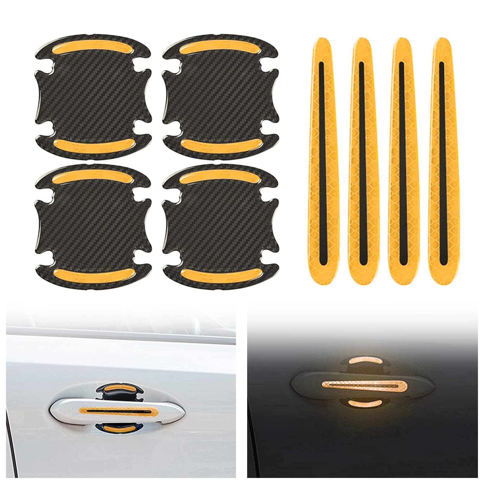 8-Piece Car Door Handle Scratch Protector Stickers - Reflective Warning & Paint Protection Film Set (Orange) - Prevent Scratches & Enhance Visibility for Parking Safety