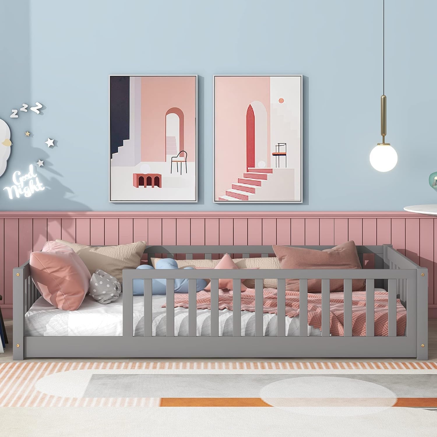 Montessori Twin Floor Bed for Kids - Solid Wood Toddler Bed Frame with Safety Guardrails, Multifunctional Low Profile Bed, Easy Assembly, Gray - Perfect for Montessori Rooms, Daycare, and Small Spaces