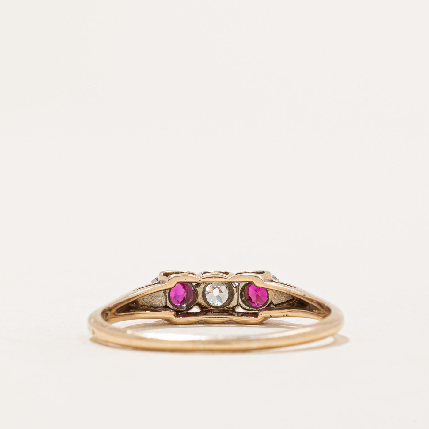 Three Stone Synthetic Ruby & Diamond Ring | 0.24ctw Ruby & 0.07ct Diamond | Size 8.25 | Elegant Engagement, Anniversary, or Gift Jewelry for Women