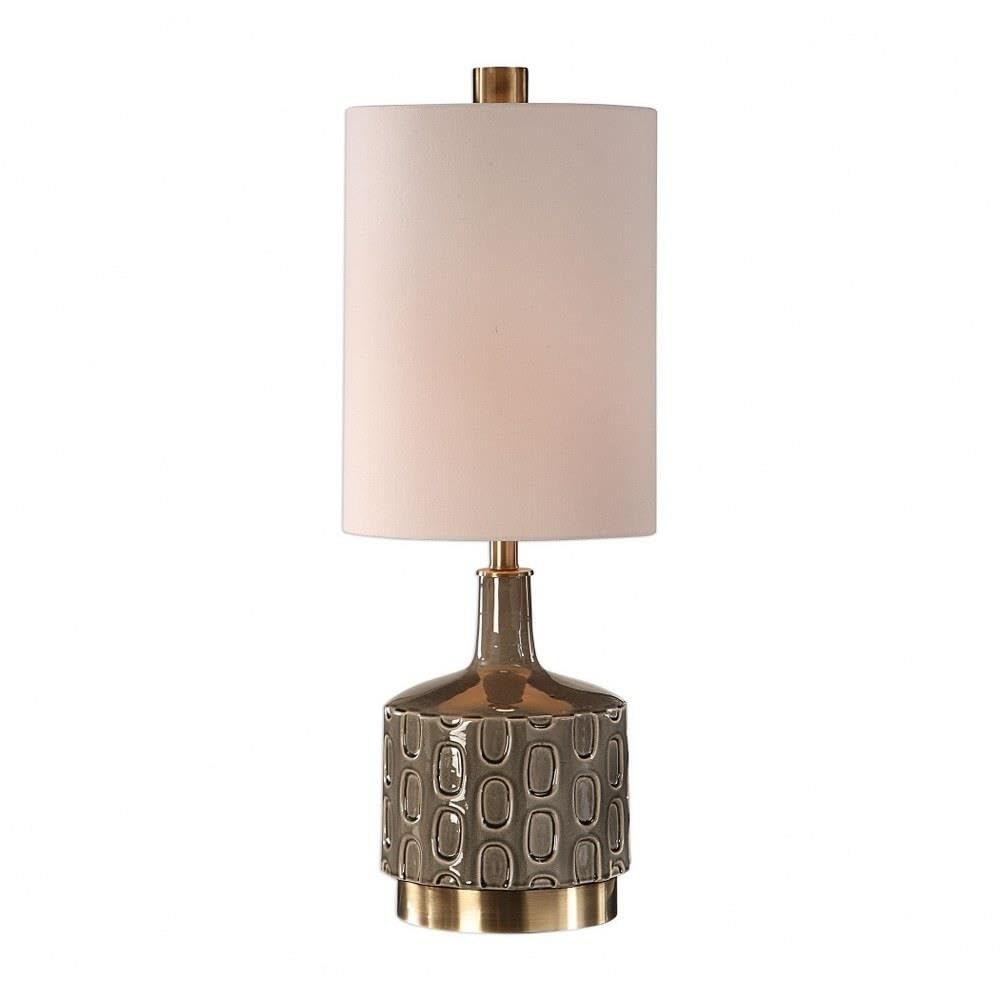Modern 1-Light Gray Ceramic Table Lamp with White Linen Drum Shade - 3-Way Switch for Bedroom, Living Room & Office Lighting