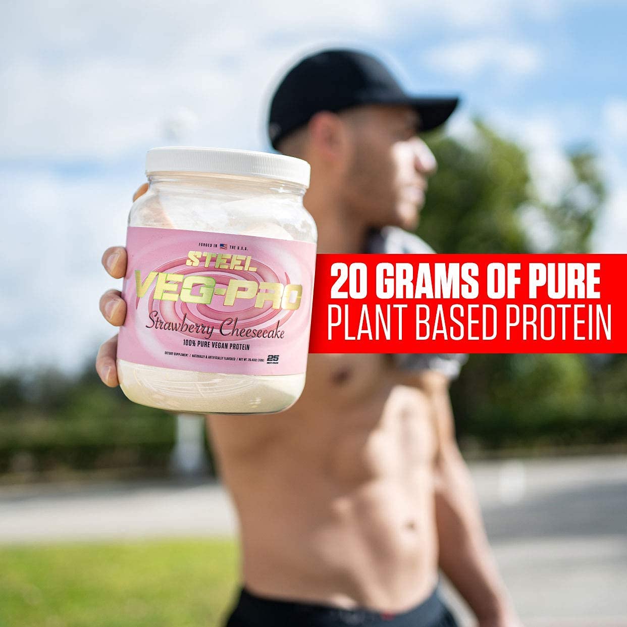 Steel Supplements Veg-PRO Vegan Protein Powder - Strawberry Cheesecake Flavor | 25 Servings (1.65lbs) | Organic Plant-Based Protein with BCAA Amino Acids | Gluten Free, Dairy Free, Low Carb Formula | Perfect for Post-Workout Recovery & Muscle Building