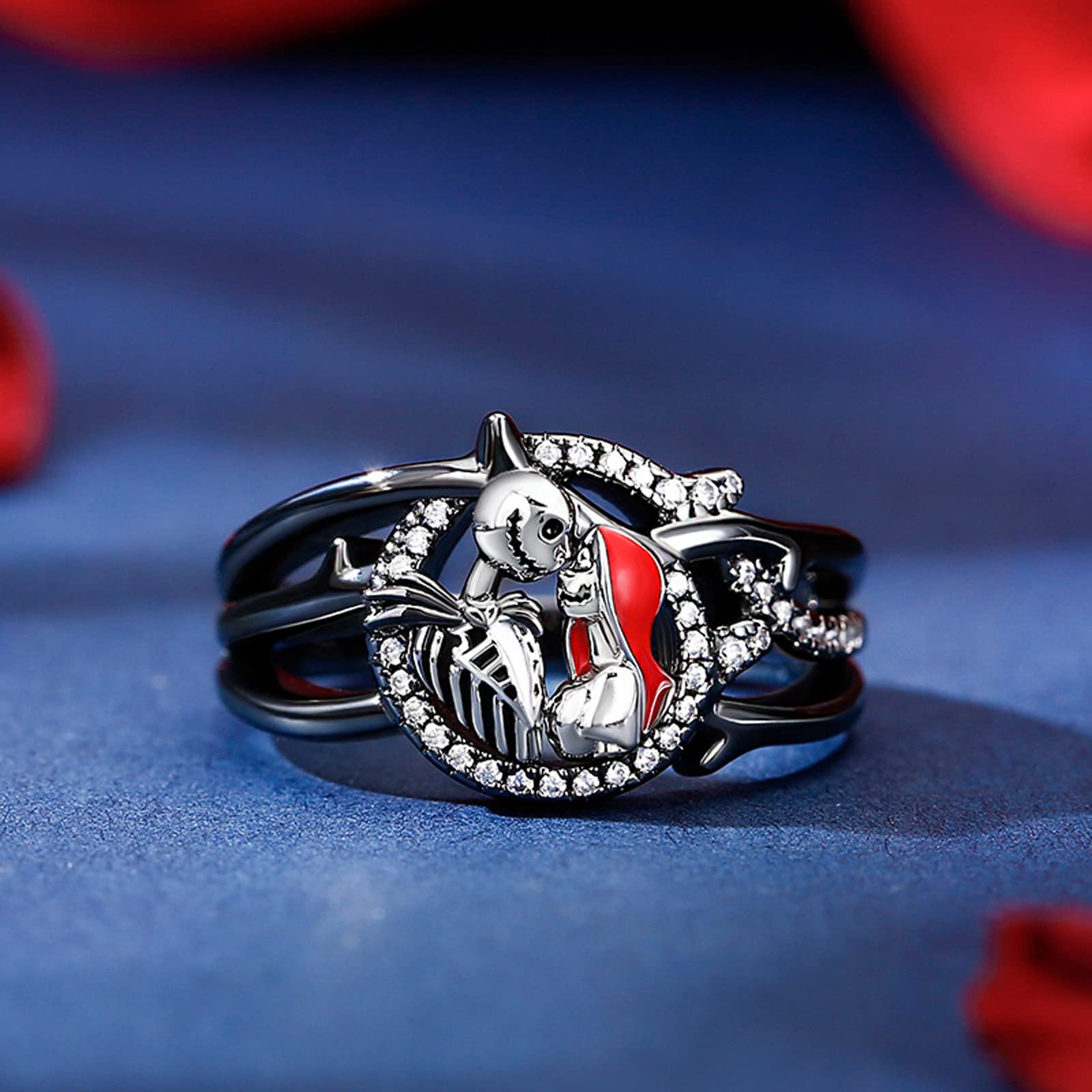 Jeulia Gothic Skull Diamond Ring - Sterling Silver Jack & Sally Skeleton Band for Women | Halloween Jewelry, Engagement, Anniversary & Christmas Gift with Box | Perfect for Cosplay, Gothic Fashion & Special Occasions