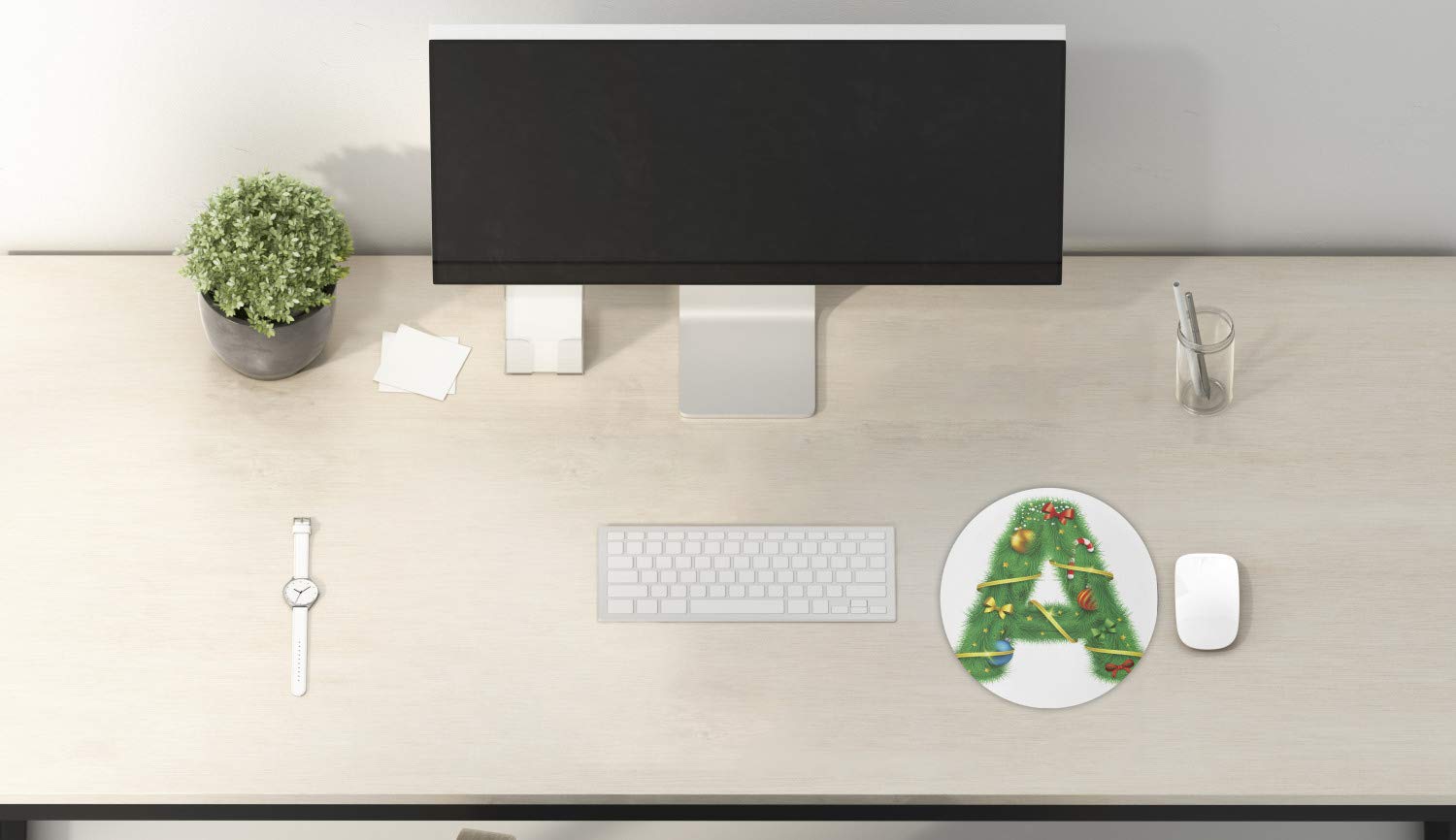 Ambesonne Christmas Alphabet Mouse Pad - Holiday Themed A Letter Typography Design on White & Green Backdrop, 8 Inch Round Non-Slip Rubber Gaming Mousepad for Computer & Office Use - Perfect Gift for Gamers & Christmas Decor