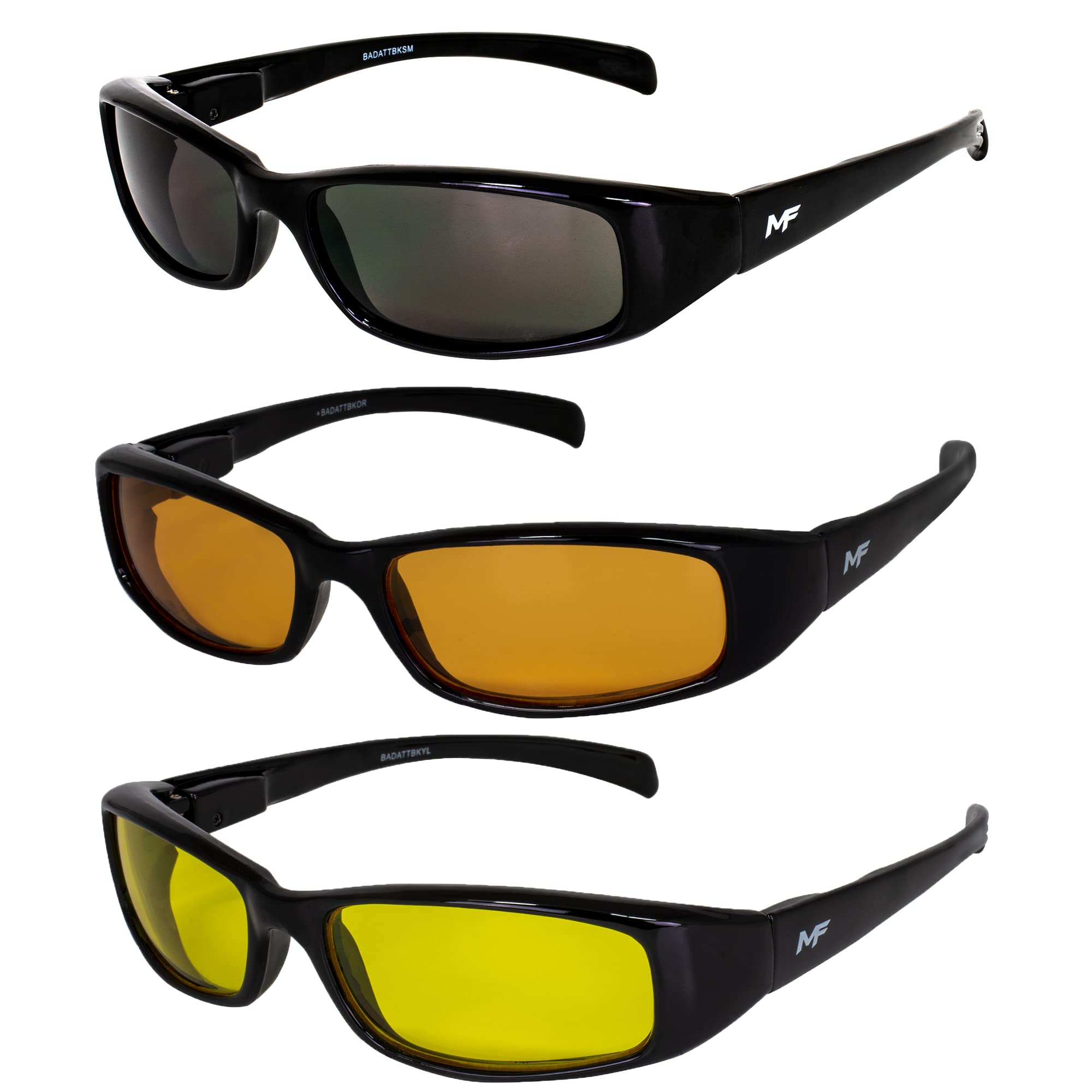 3 Pairs MF Eyewear Bad Attitude Motorcycle Glasses - Shatterproof Polycarbonate, UV400 Protection, Scratch-Resistant, Black Frame with Smoke Orange & Yellow Lenses - Perfect for Motorcycle Riding, Cycling, and Outdoor Sports