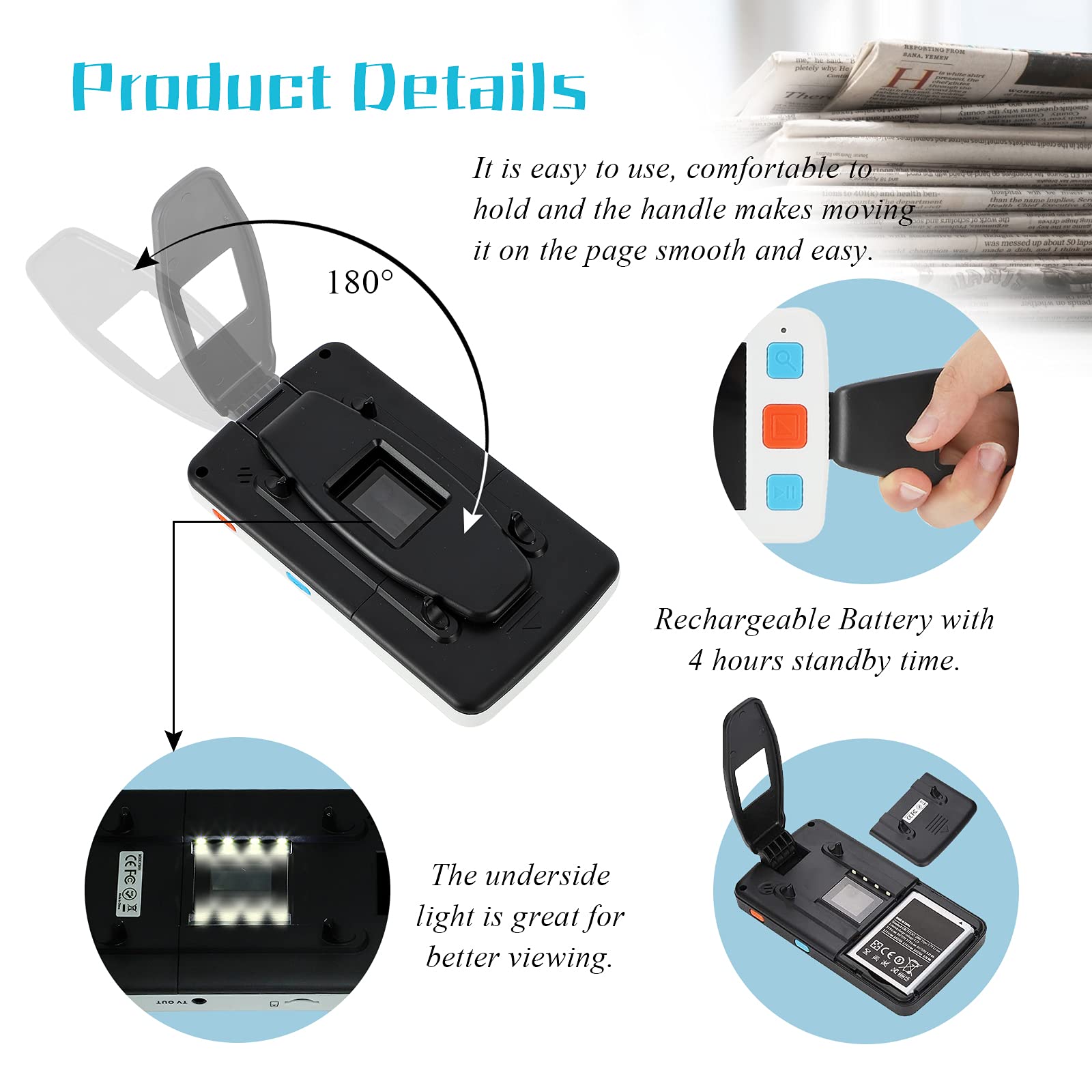 5.0 Inch Portable Digital Magnifier with 4X-32X Zoom | Electronic Reading Aid for Low Vision, Seniors & Kids | Foldable Handle for Easy Storage | Perfect for Reading Labels, Menus & Documents | Not for Long Books