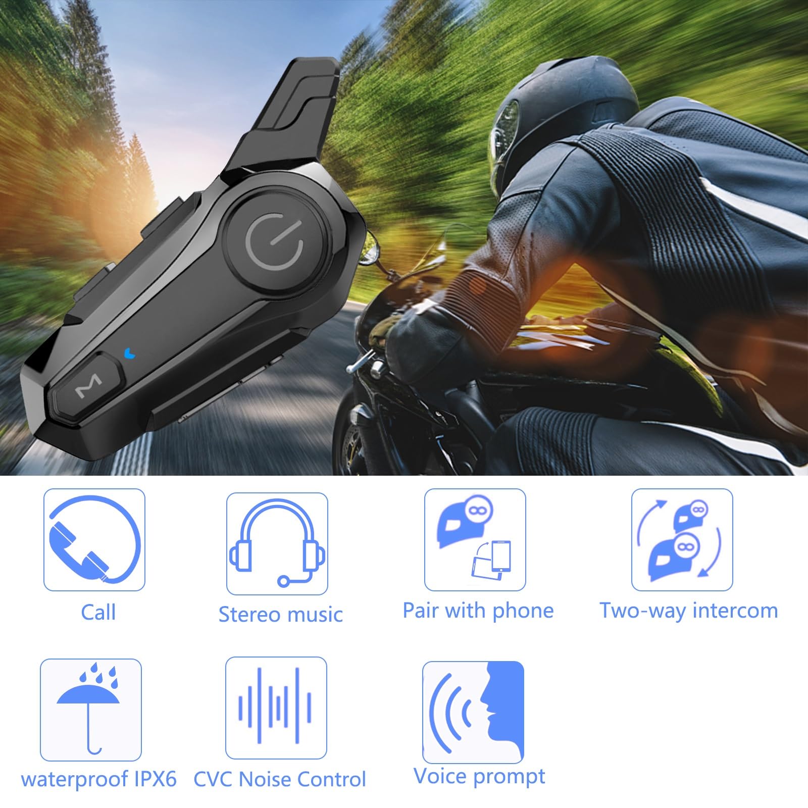 E1 Motorcycle Helmet Bluetooth Headset with CVC Noise Cancellation, Stereo Music & IPX6 Waterproof - Perfect for Full Face Helmets on Long Rides & Group Rides