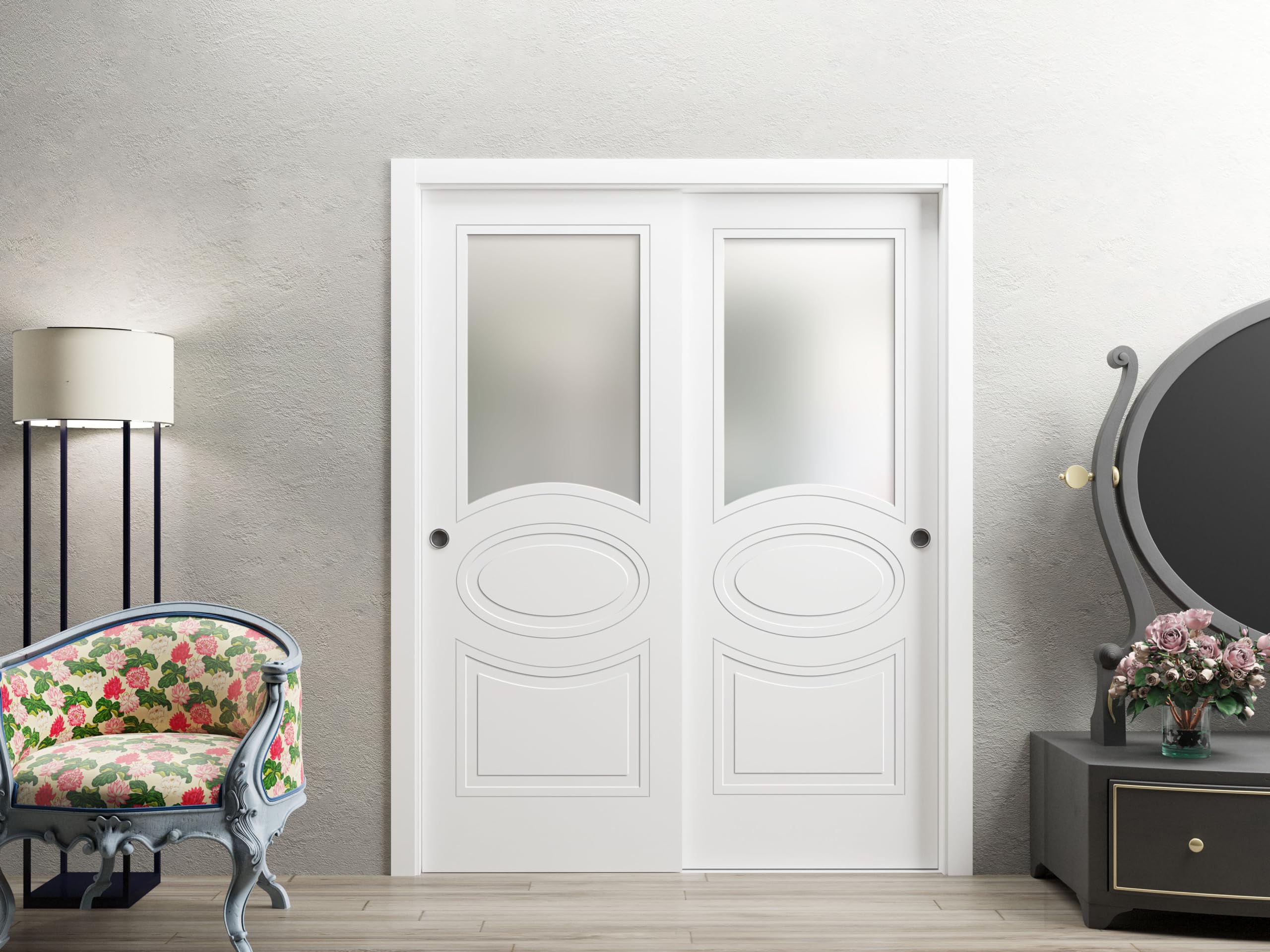 VDOMDOORS 42x96 Inch Slab Door Panel with Opaque Glass - Matte White Mela 7012 Modern Finished Pocket Closet Sliding Barn Door | Perfect for Bedrooms, Walk-in Closets & Room Dividers