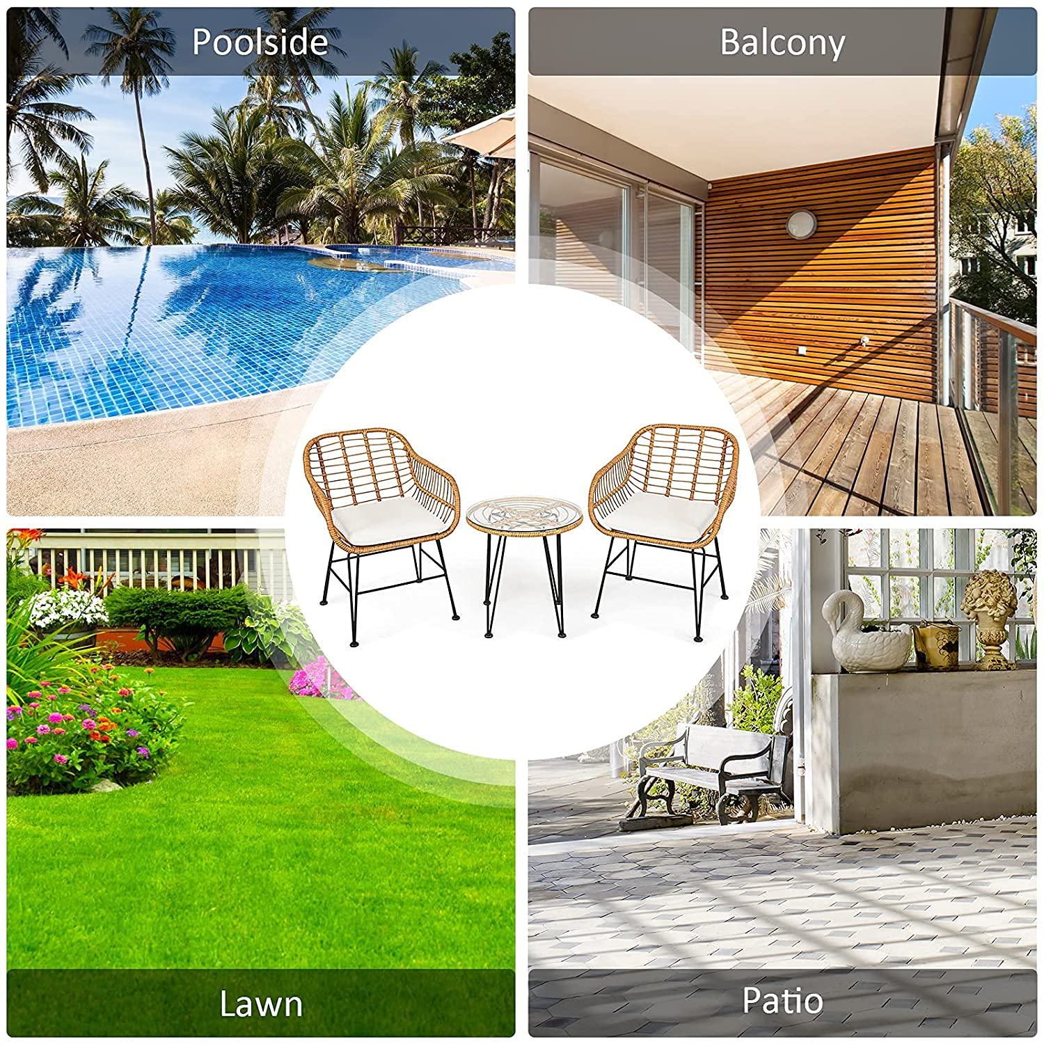 Topment 2-Piece Bistro Set with Rattan Chairs & Tempered Glass Table - Outdoor Patio Furniture with Removable Washable Beige Cushions - Perfect for Cafe, Balcony, Poolside, Garden, and Indoor Use (Pale Brown)