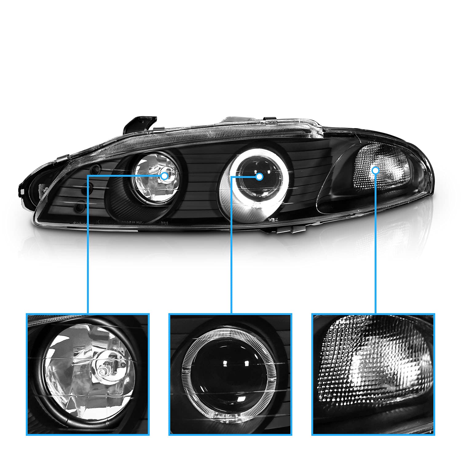 AmeriLite G2 Projector Headlights with Halo Ring - Black for Mitsubishi Eclipse (Passenger & Driver Side) | High-Performance LED Lighting for Night Driving & Car Customization