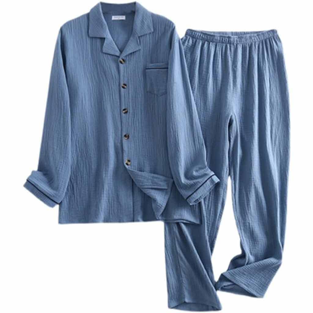 GRETD Men's Cotton Long Sleeve Pajama Set - Breathable Button-Up Sleepwear for Spring & Autumn - Plus Size XXL Blue Loungewear for Home Relaxation & Comfortable Nightwear