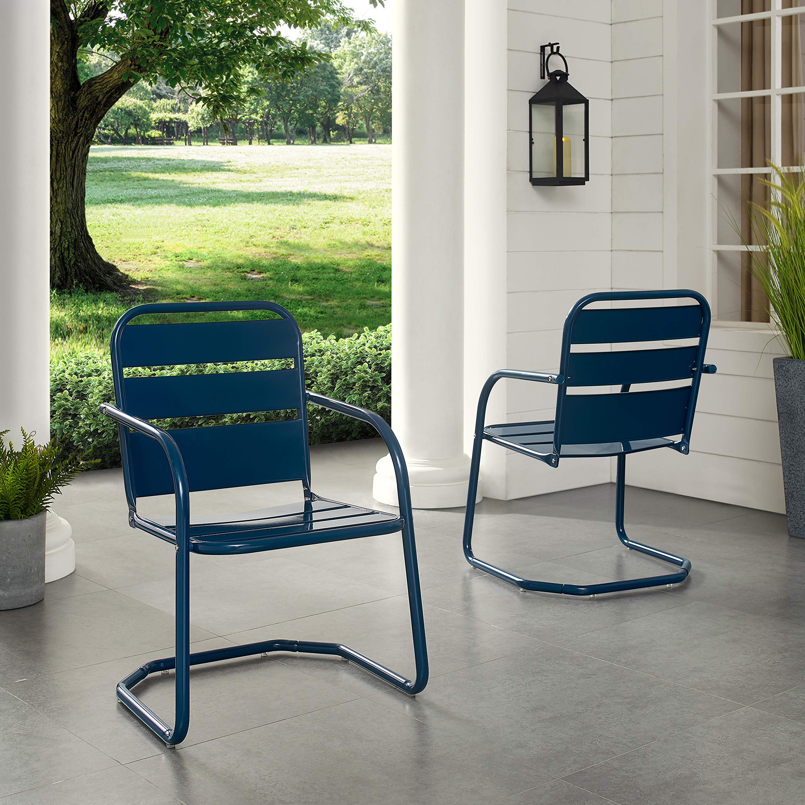 Crosley Brighton 2-Piece Outdoor Chair Set - Retro Metal Patio Dining Chairs for Porch, Deck, Garden - Navy Blue - Perfect for Backyard Relaxation & Outdoor Entertaining