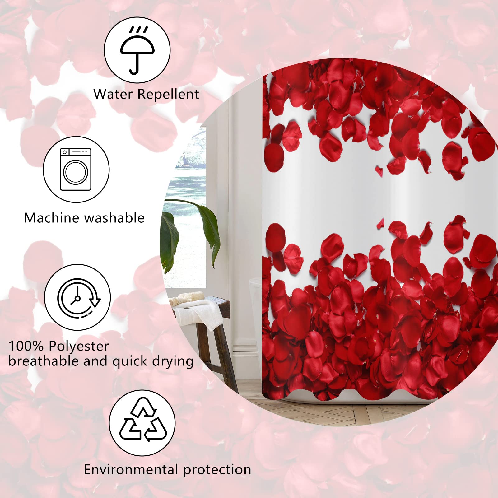 Valentine's Day Rose Shower Curtain - Waterproof Floral Bathroom Decor with Hooks, 72x72 Inch - Romantic Red Rose Design for Couples Gift & Master Bathroom Upgrade