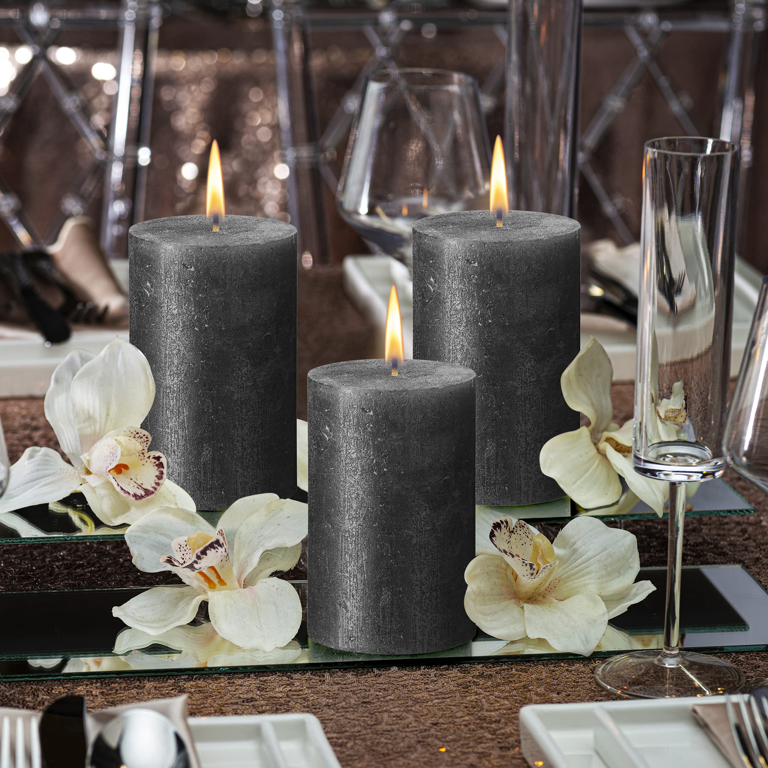 BOLSIUS Anthracite Black Shimmer Metallic Pillar Candles 4 Pack - 2.75 x 5 Inches - Unscented Dripless 60-Hour Burn Time - Premium European Quality Plant-Based Wax Candles for Wedding, Dinner Party, Holiday & Home Decor