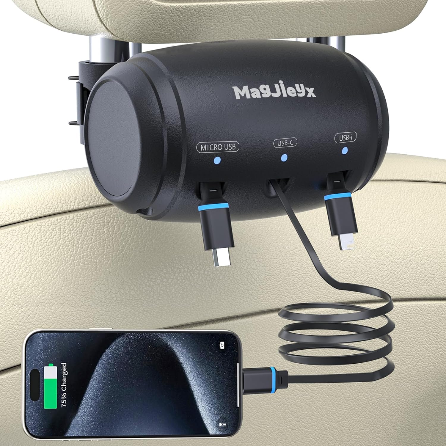 3-in-1 Retractable Car Charger for iPhone 16/15/14 Pro Max, iPad, Samsung Galaxy - Fast Charging USB-C & USB-A Ports with Headrest Mount - Perfect for Uber, Lyft Drivers & Backseat Passengers Sharing Rides