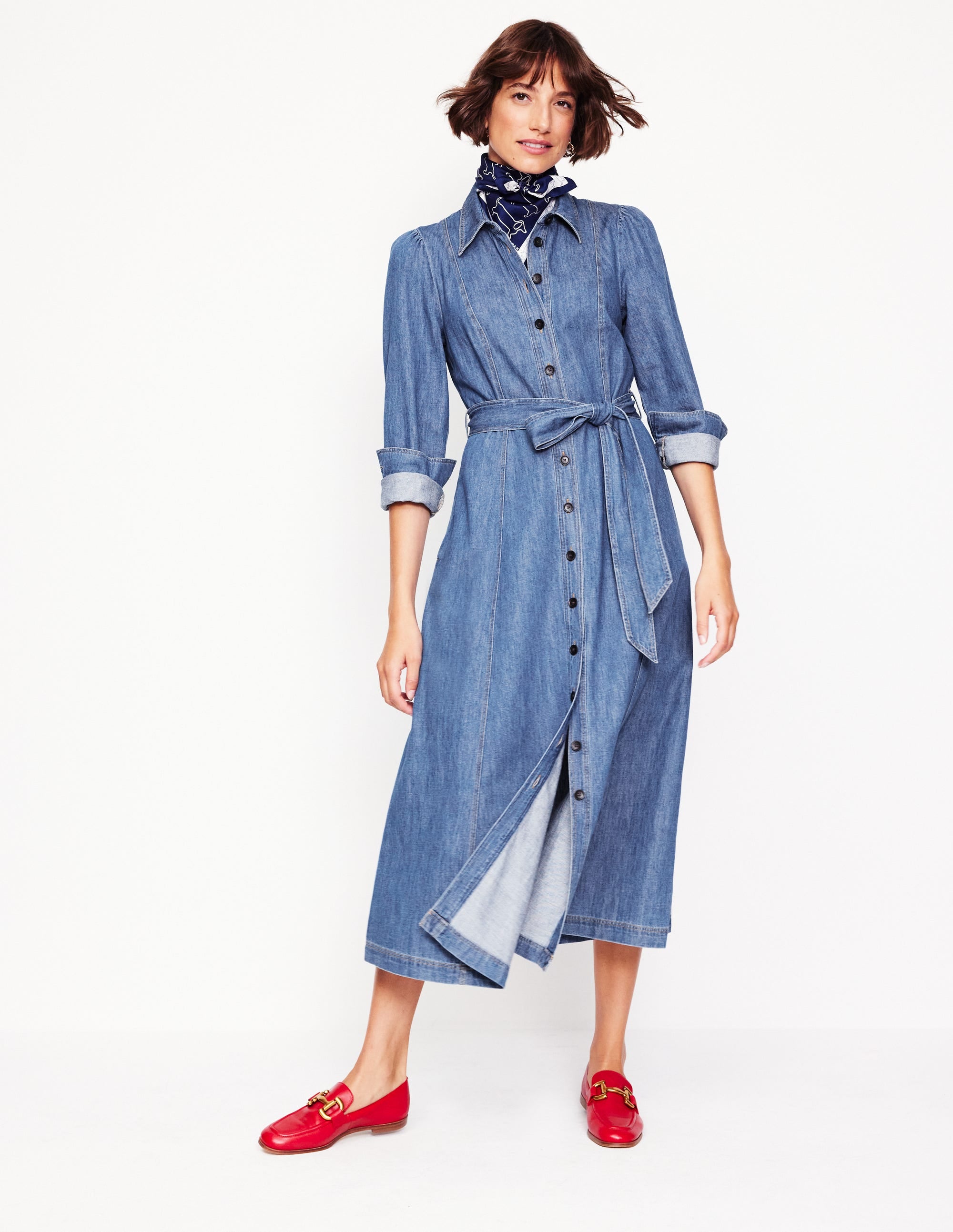 Vintage Denim Midi Shirt Dress for Women - Light Wash A-Line Button Down Tunic Dress | Casual Outfit for Brunch, Shopping & Date Night