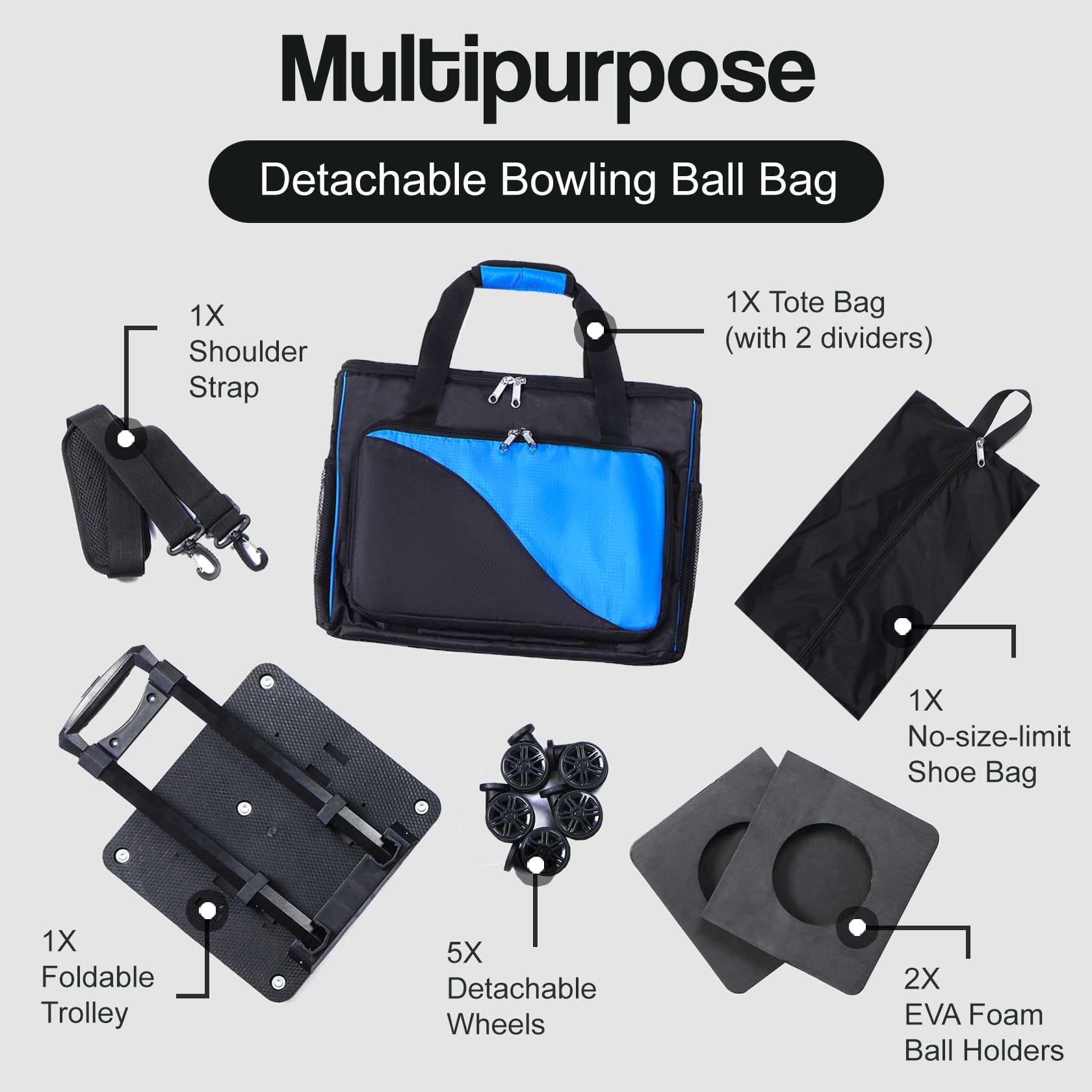 **2 Ball Bowling Bag with Wheels & Shoe Pocket - Durable Roller Bag with Foam Ball Holder & Detachable Design - Perfect Gift for Men & Bowling Enthusiasts - Ideal for League Play, Tournaments & Practice Sessions**
