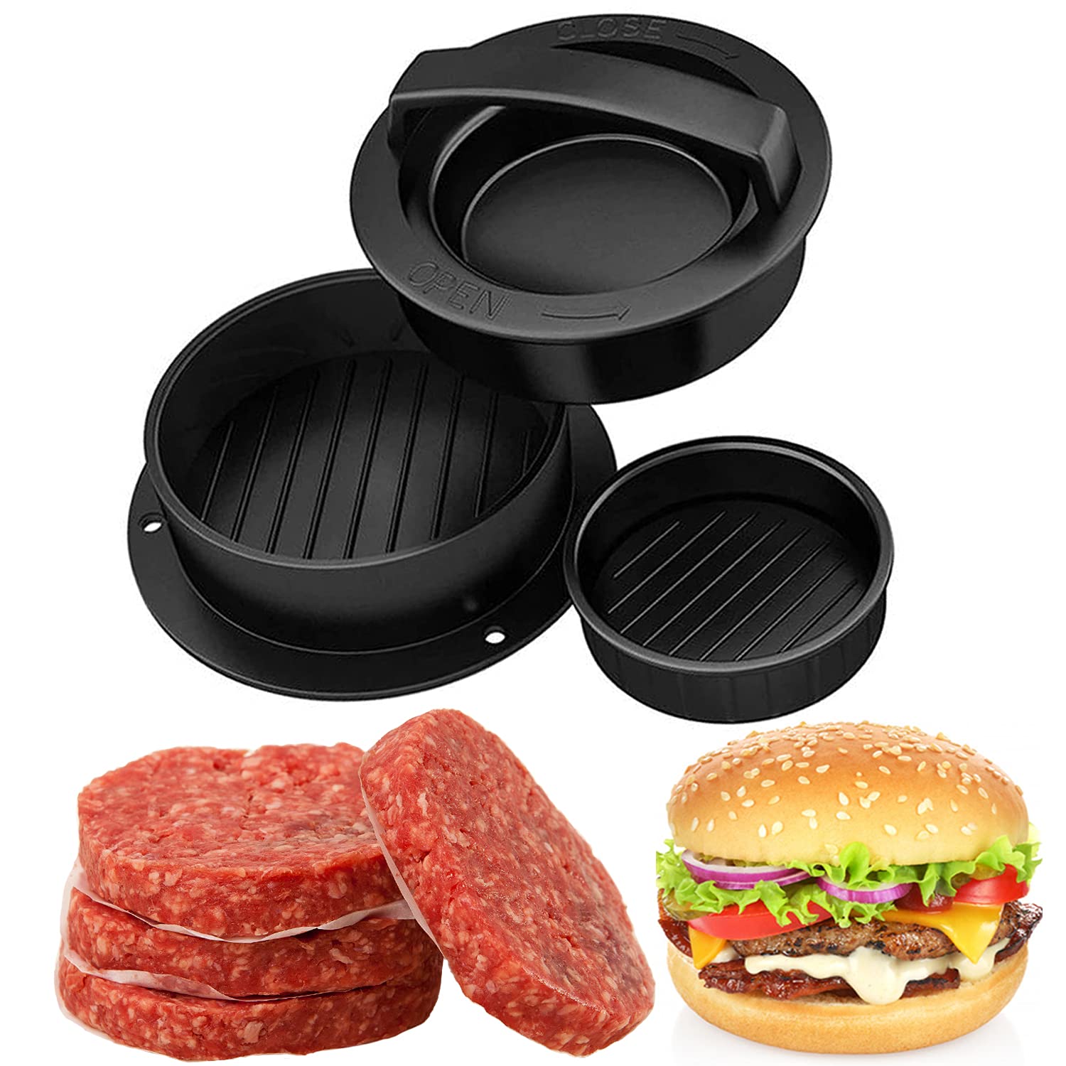 3-in-1 Hamburger Press Patty Maker - Stainless Steel Smash Burger Press for BBQ, Grilling & Cooking - Perfect for Making Stuffed Burgers, Beef Patties & Sliders at Home or Outdoor Parties