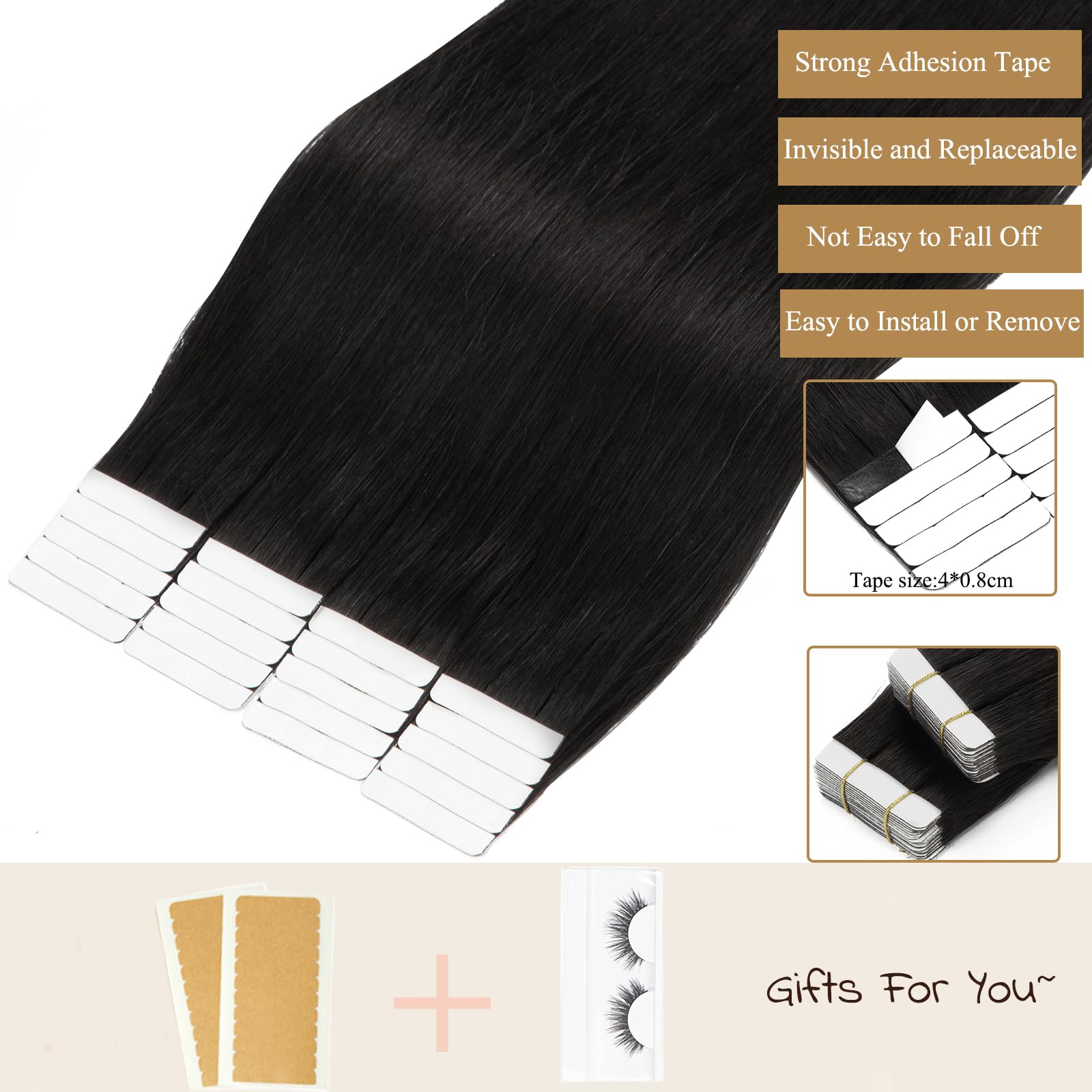 Luxury Loxxy Tape-In Hair Extensions - 100% Human Hair, Invisible Skin Weft, Double-Sided Remy Hair - #1B Natural Black - 20pcs (50g, 18inch) - Perfect for Volume Boost, Styling & Special Occasions