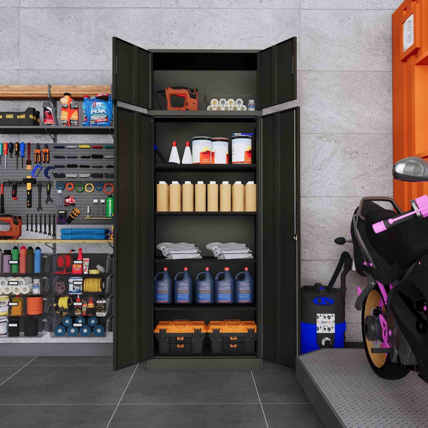 Metal Storage Cabinet with Lock - 2 Lockable Doors & 4 Adjustable Shelves for Garage, Office, Home, Gym, School | Heavy Duty Black Steel Organizer for Tools, Supplies & Pantry Items