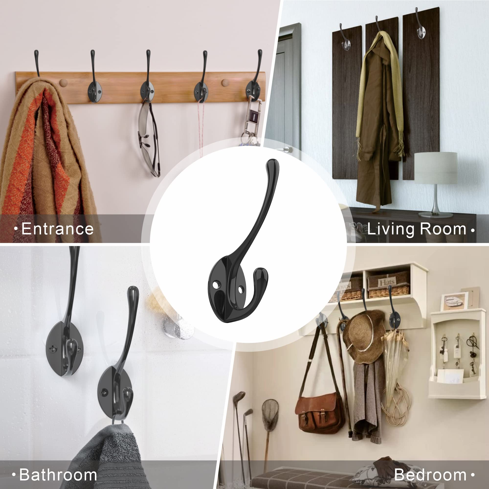 10-Pack Black Metal Wall Mounted Coat Hooks with 20 Screws - Heavy Duty Coat Hangers for Jackets, Hats & Bags - Perfect for Entryway, Closet, Bathroom & Mudroom Organization