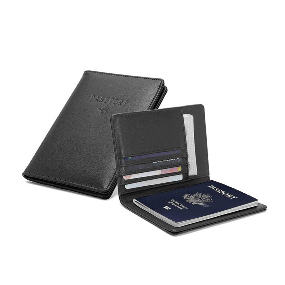 BAKUN RFID Blocking Leather Travel Wallet & Passport Holder - Family Document Organizer with Card Slots for Secure Travel (Black) - Perfect for Airports, Vacations & International Trips