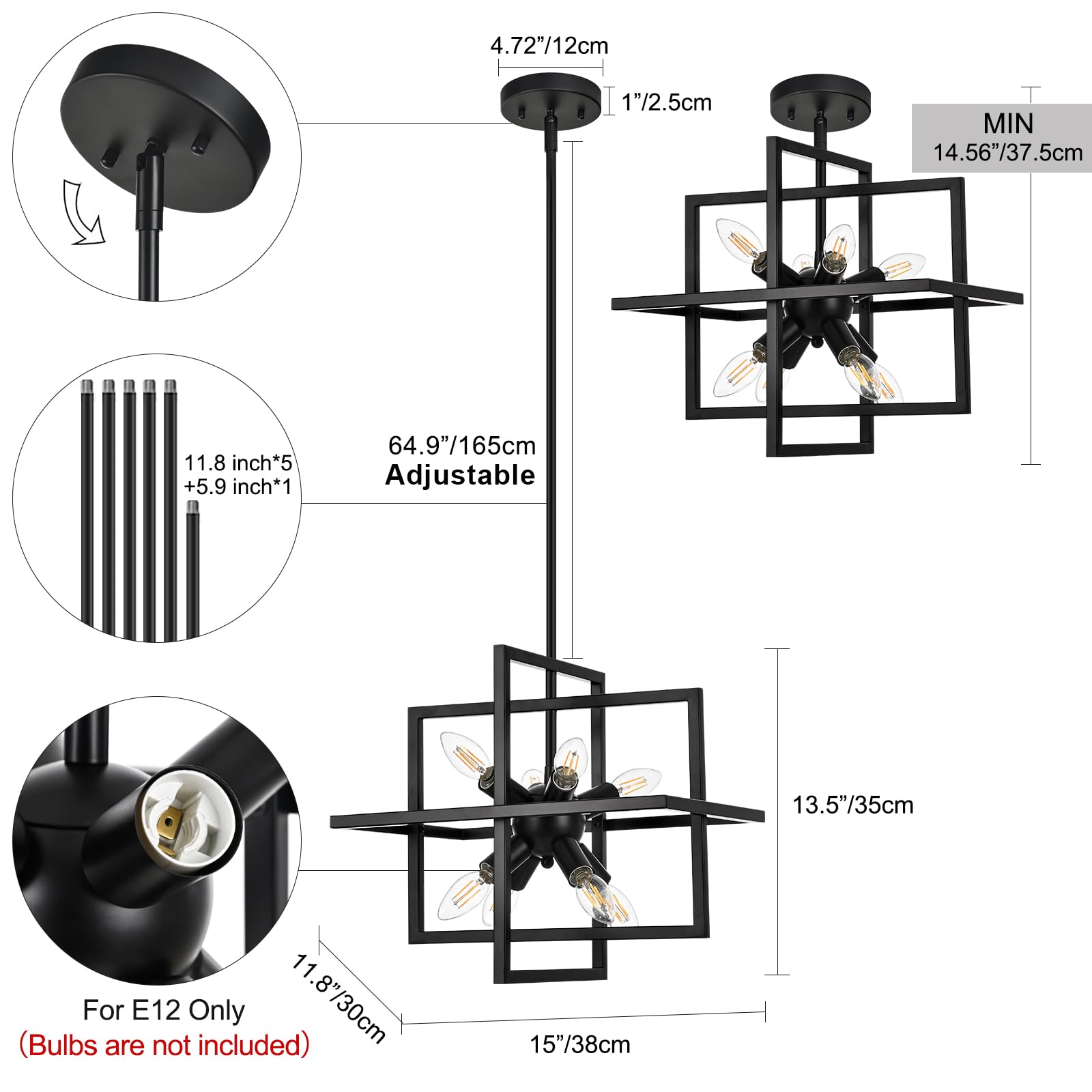 Modern Small Black Metal Chandelier - 8-Light Geometric Industrial Pendant Lighting Fixture for Kitchen, Dining Room, Foyer & Entryway | Perfect for Farmhouse, Loft & Industrial Style Decor