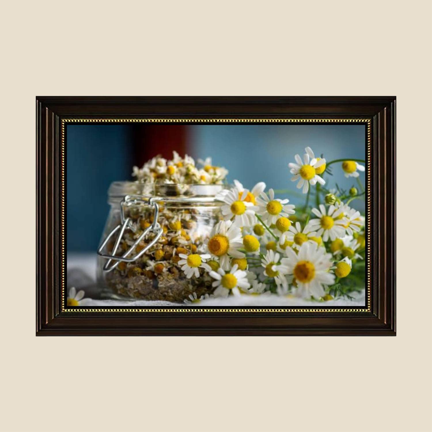 Chamomile Tea Daisy Flowers Canvas Wall Art Print - 24x36 Inch Vintage Framed Painting Poster, Home Decor for Living Room & Bedroom - Perfect for Farmhouse, Boho & Cottage Style Interiors