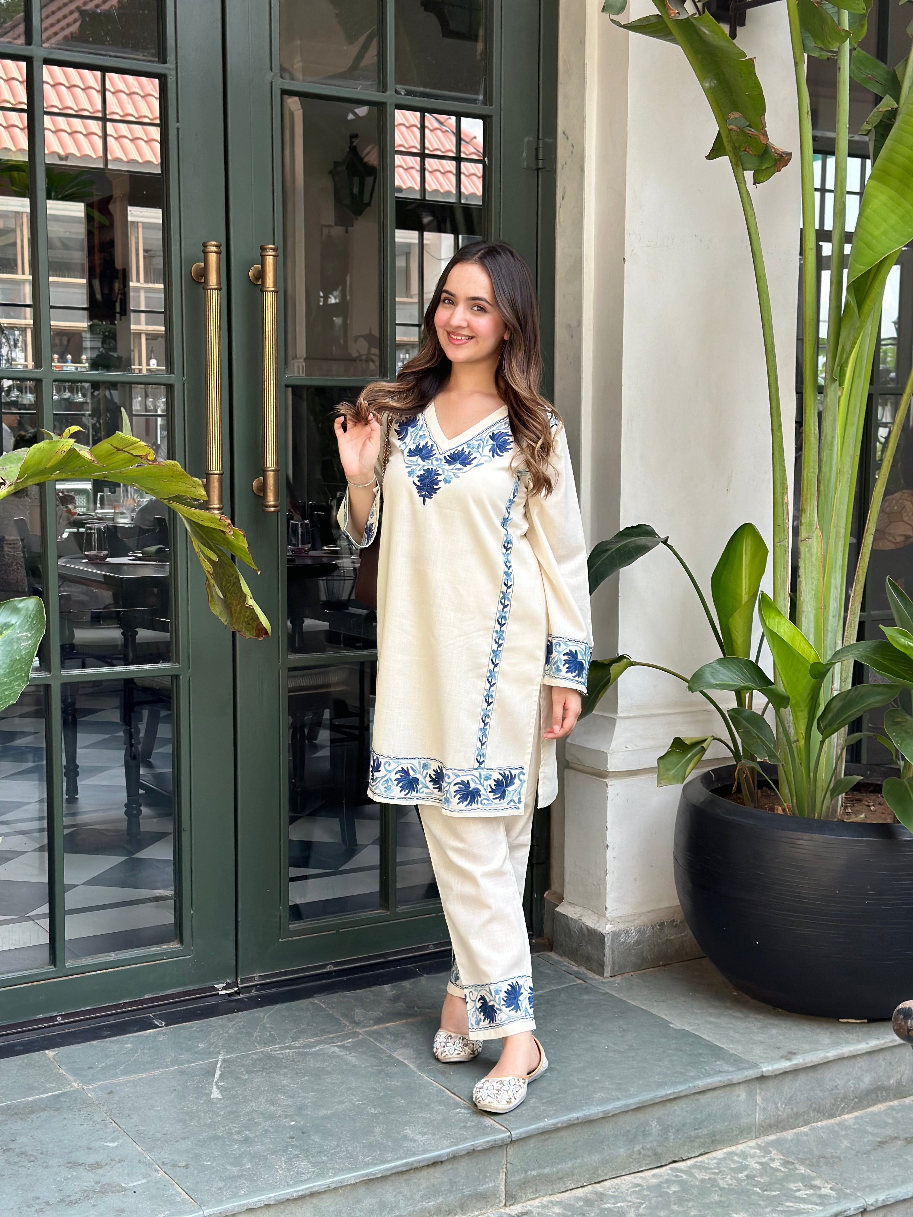 Bhavya Kashmiri Aari Work Cotton Kurta Set - White & Blue Ethnic Embroidered Tunic & Pants | Perfect for Festivals, Weddings & Cultural Events