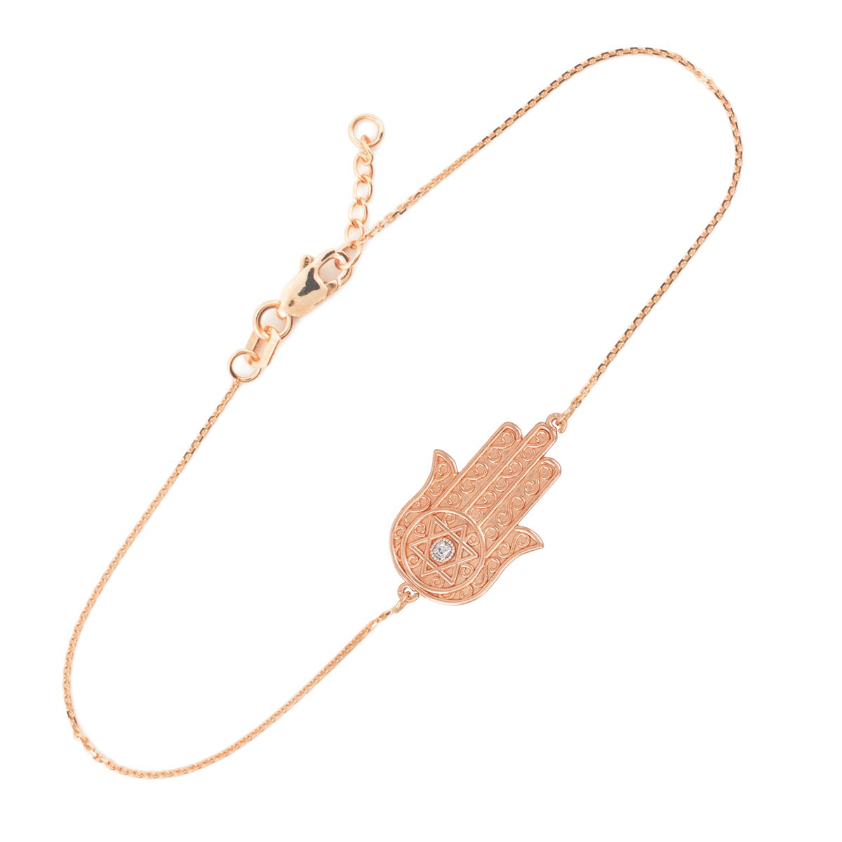 14K Rose Gold Diamond Star of David & Hamsa Charm Bracelet - Adjustable 7.5