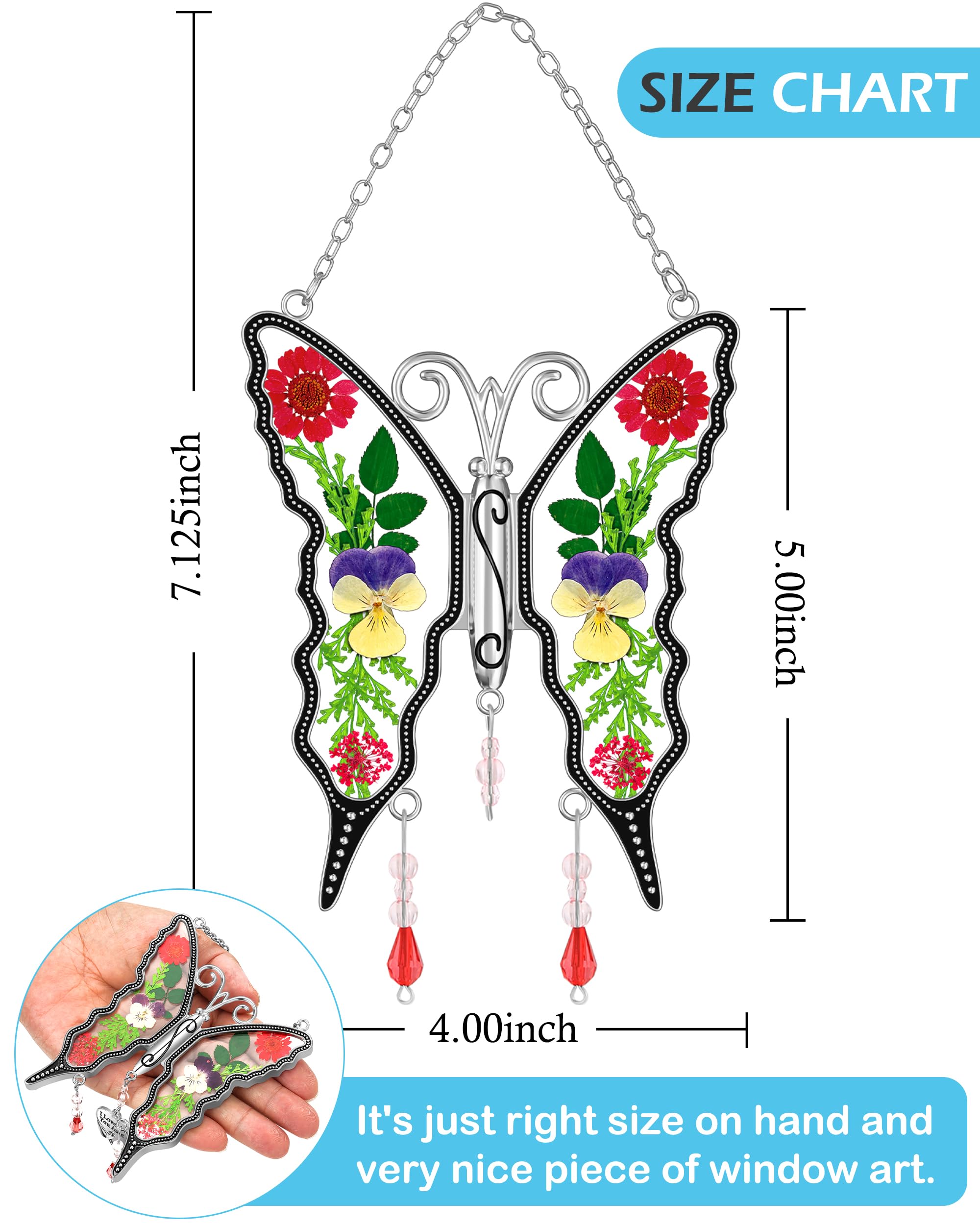 KY&BOSAM Butterfly Suncatcher Window Hanging - Pressed Flower Glass Ornament with Metal Engraving - DIY Gift for Mom, Mother's Day, Valentine's, Birthday, Thanksgiving & Christmas - Perfect for Home Decor, Garden Windows & Special Occasion Gifting