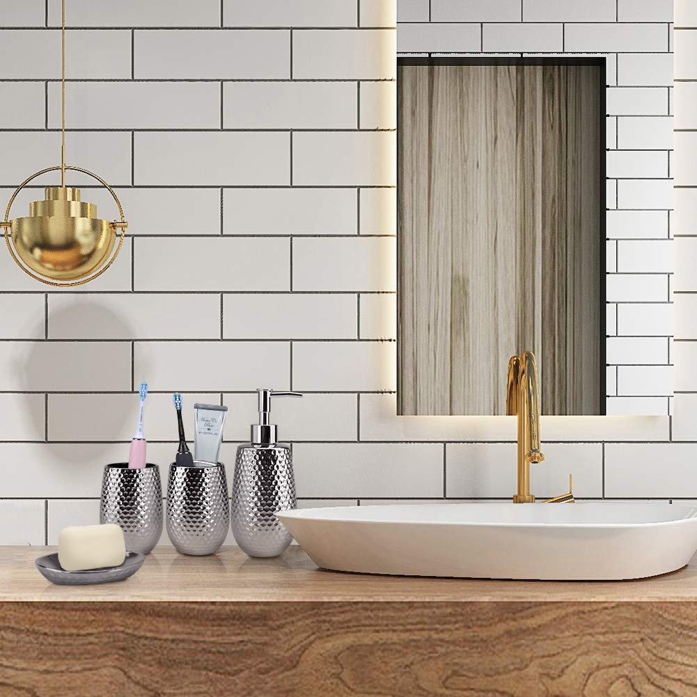Premium Silver Moroccan Trellis Bathroom Accessories Set - Includes Soap Dispenser, Toothbrush Holder, Tumbler & Soap Dish | Elegant Bath Decor for Modern Homes, Wedding Gifts & Spa Retreats