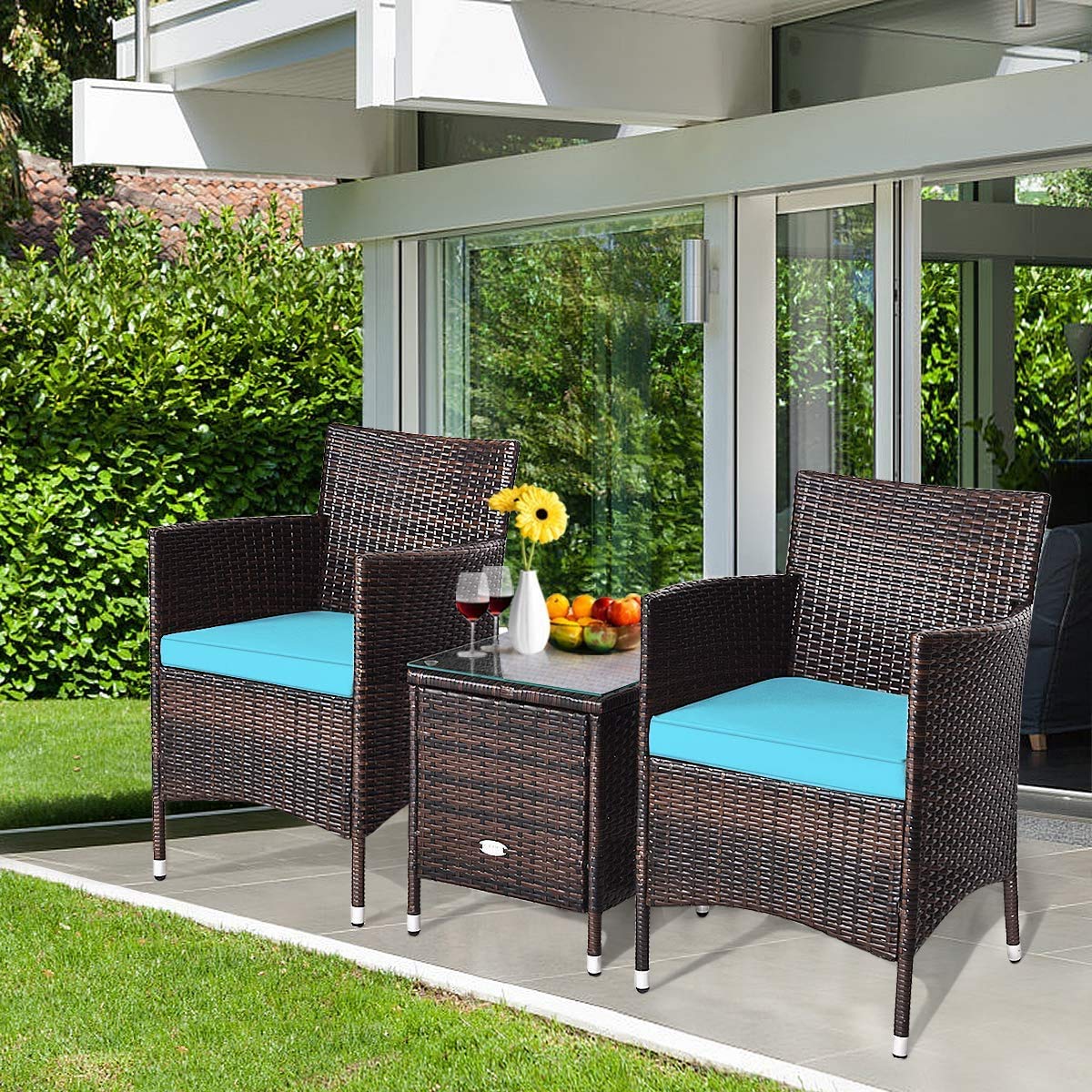 HAPPYGRILL 3-Piece Outdoor Patio Furniture Set - Rattan Wicker Conversation Set with Coffee Table, Chairs & Cushions for Garden, Lawn, Backyard, Poolside | Perfect for Relaxing, Entertaining & Outdoor Dining