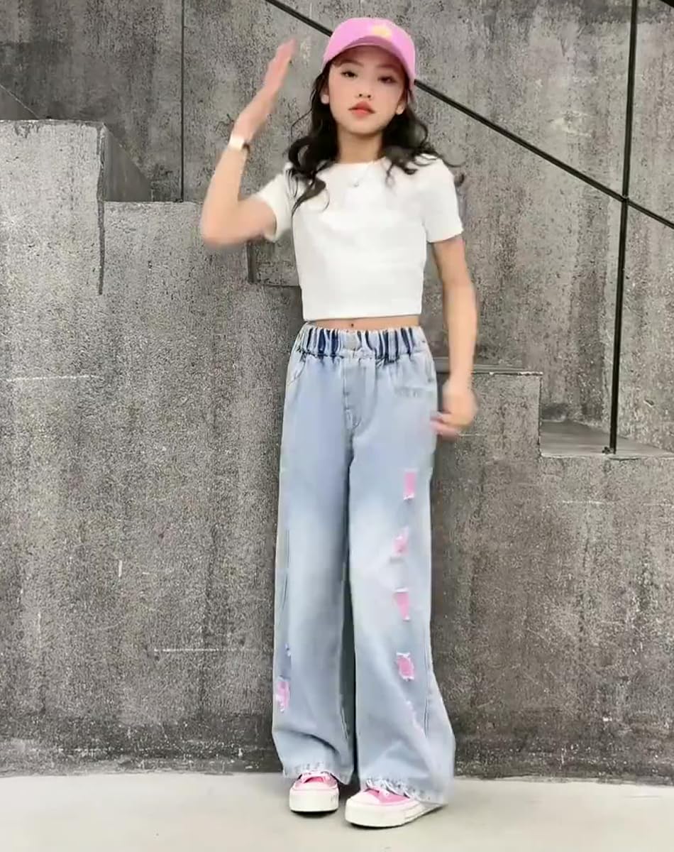 NABER Girls' Stretch Elastic Waist Ripped Jeans - Distressed Denim Wide Leg Pants for Kids Age 5-15 | Trendy Casual Wear for School, Playdates & Everyday Outfits
