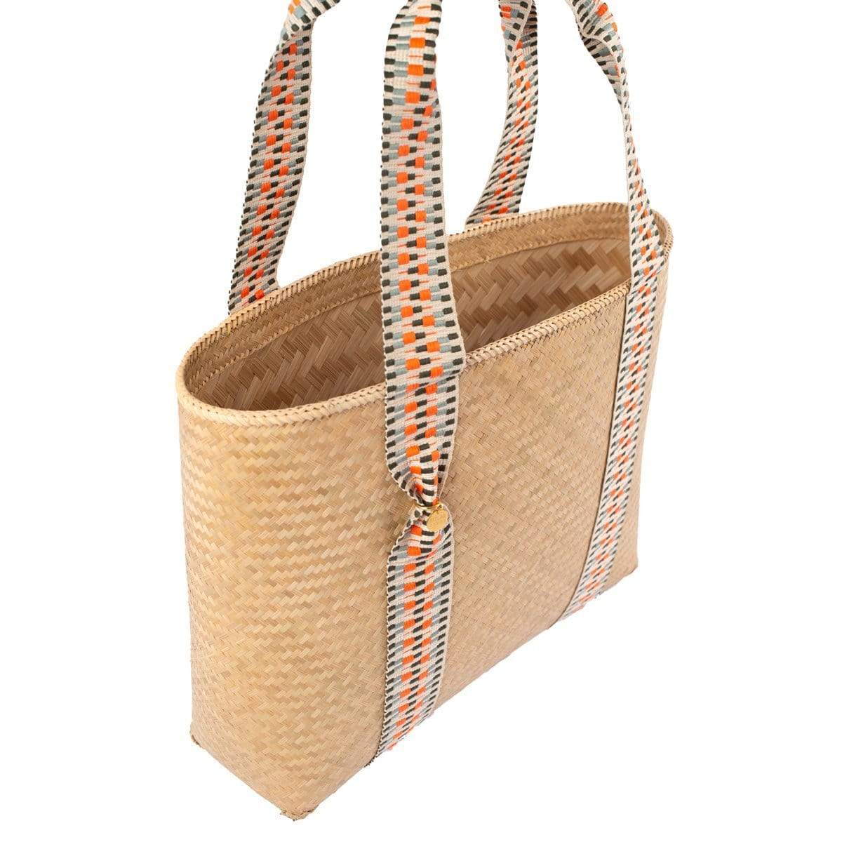 Mentawai Handwoven Bamboo Vegan Medium Tote Bag with Orange Straps | Natural Eco-Friendly Reusable Shopping Bag for Beach, Grocery & Daily Use