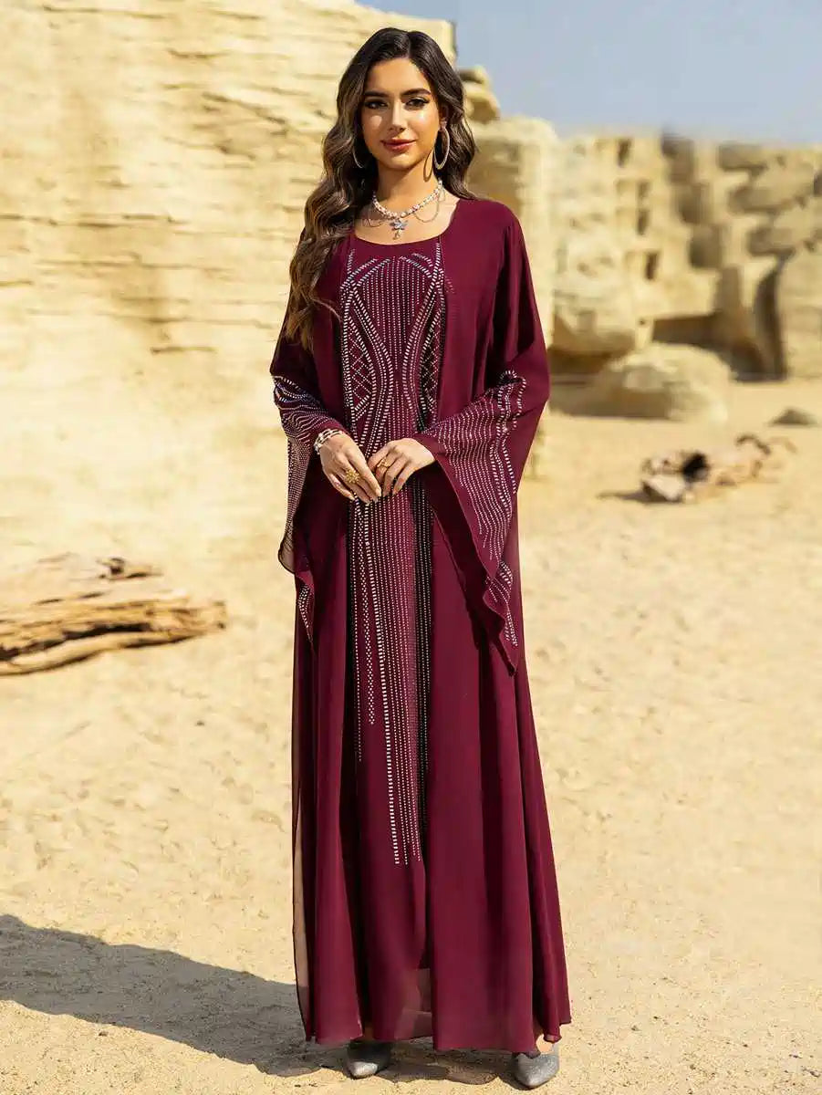 Elegant Hotfix Rhinestone Chiffon Caftan Dress for Women - Perfect for Eid Celebrations, Weddings & Special Occasions
