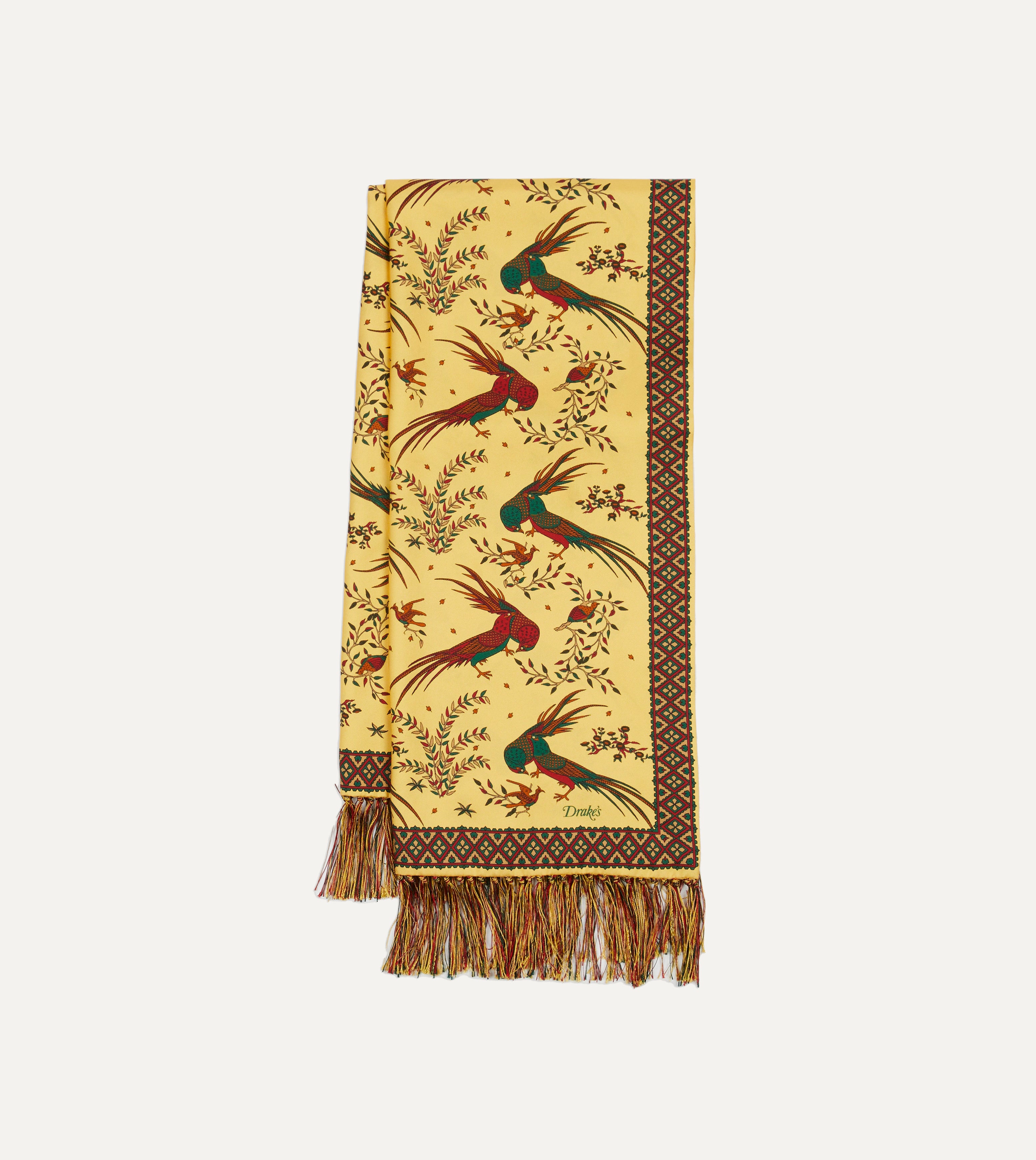 Luxury Gold Birds of Paradise Print Silk Scarf with Tassels - Elegant Fashion Accessory for Women, Perfect for Parties, Weddings & Special Occasions