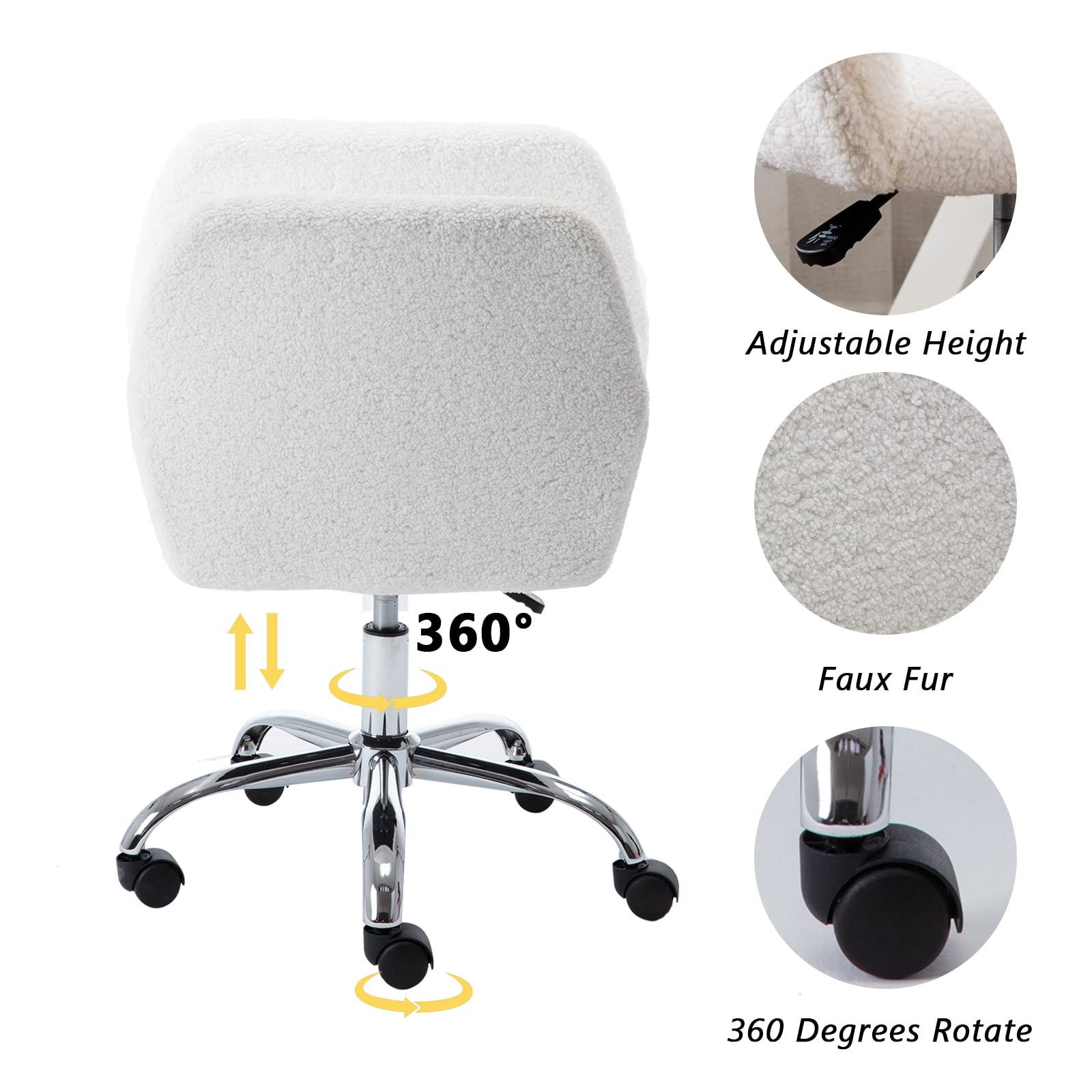 HomVent Swivel Chair with Padded Back & Arms - Upholstered Faux Fur Office Desk Chair, White Vanity Makeup Chair - Perfect for Home Office, Study Room, Living Room & Bedroom