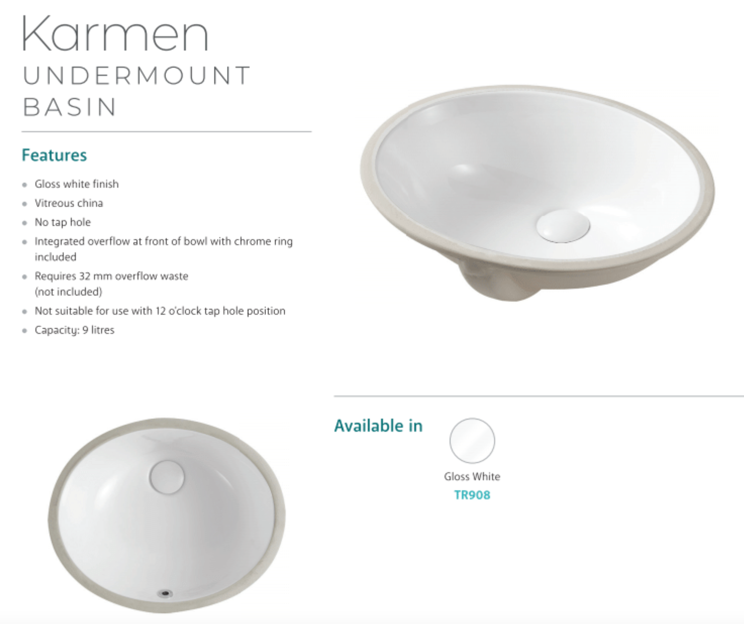 Fienza TR908 Undermount Ceramic Bathroom Sink - Karmen White Porcelain Basin for Vanity, Modern & Durable Design for Home & Commercial Use