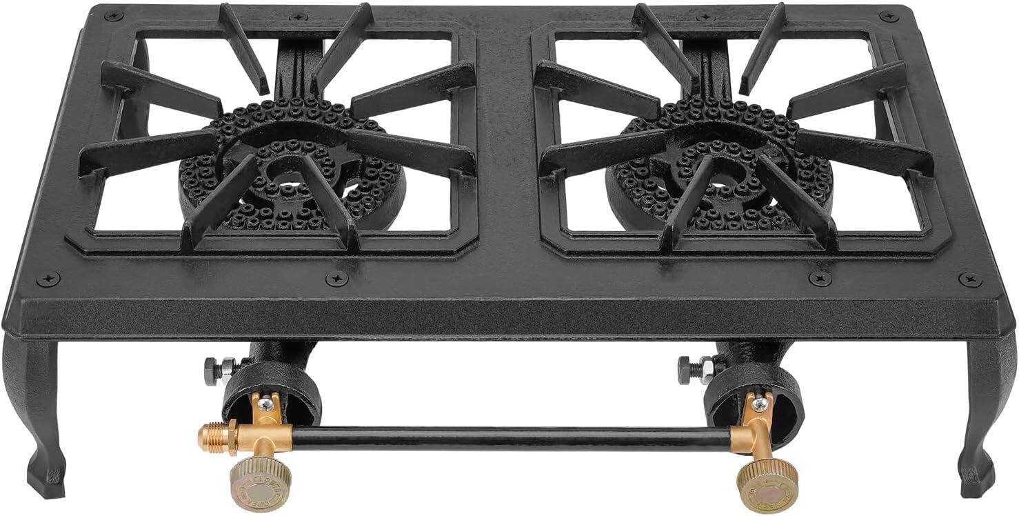OnlyFire 2-Burner Cast Iron Camping Stove - Portable Propane Gas Cooker for Outdoor Cooking, Camping, BBQ Grilling, Tailgating & Hiking - Perfect for Backyard, RV Trips & Emergency Preparedness