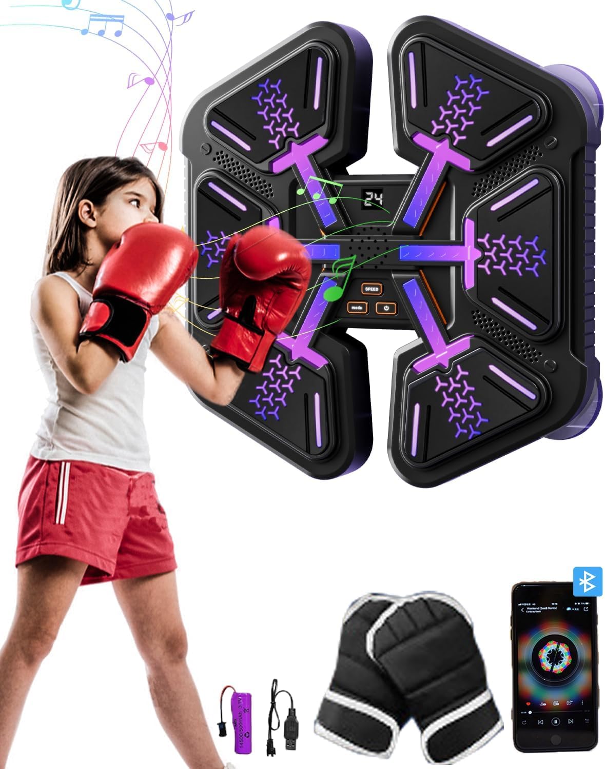 LITTCO 2024 Upgraded Smart Music Boxing Machine with Boxing Gloves - Wall Mounted Home Gym Equipment for Kids, Teens, Boys & Girls - Perfect for Birthday Gifts & Indoor Fitness Training (Blue)