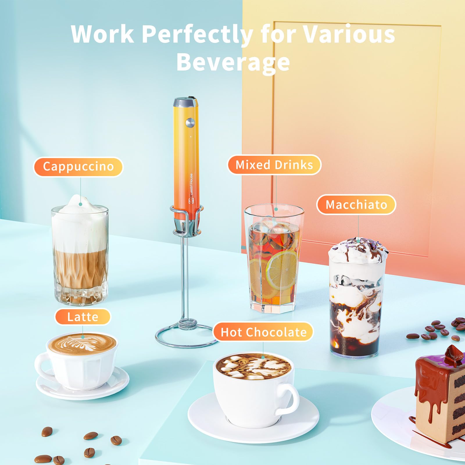 Maestri House Rechargeable Milk Frother with Stand - Handheld Electric Foam Maker, Waterproof & Detachable Stainless Steel Whisk for Lattes, Cappuccino, Hot Chocolate | Perfect for Coffee Shops, Home Kitchen & Office Use