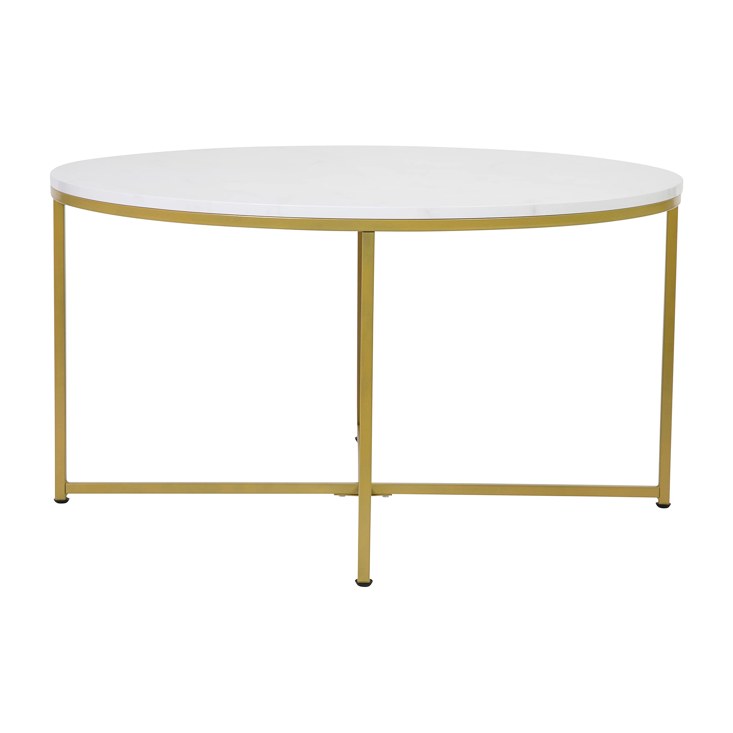 Merrick Lane Fairdale Round 3-Piece Coffee Table Set - White Marble Top with Brushed Gold Crisscross Frame - Coffee Table & 2 Side Tables - Perfect for Living Room, Lounge & Home Decor