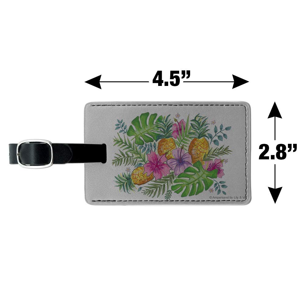 Stylish Rectangle Leather Luggage Tag with Tropical Hibiscus & Pineapple Design - Perfect for Travel ID Cards, Passport Holders & Suitcase Identification