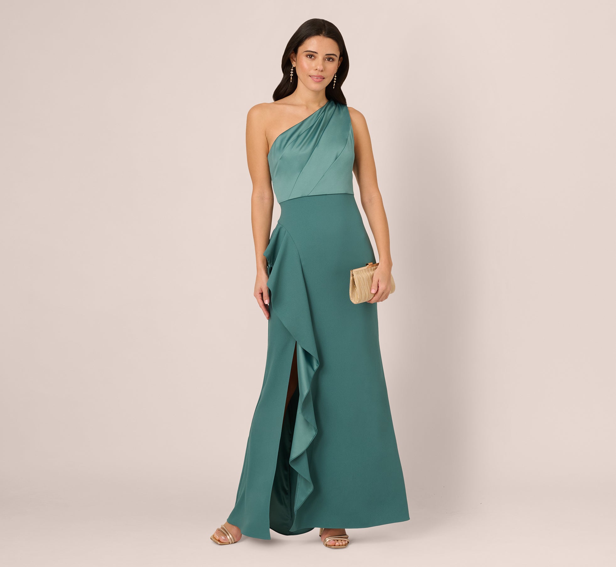 Elegant One Shoulder Long Satin Crepe Mermaid Gown - Slate Green Formal Dress for Prom, Evening Gala & Special Occasions