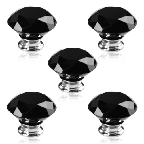 Revesun 4PCS Crystal Glass Cabinet Knobs - Black Diamond 30mm for Wardrobe & Drawer